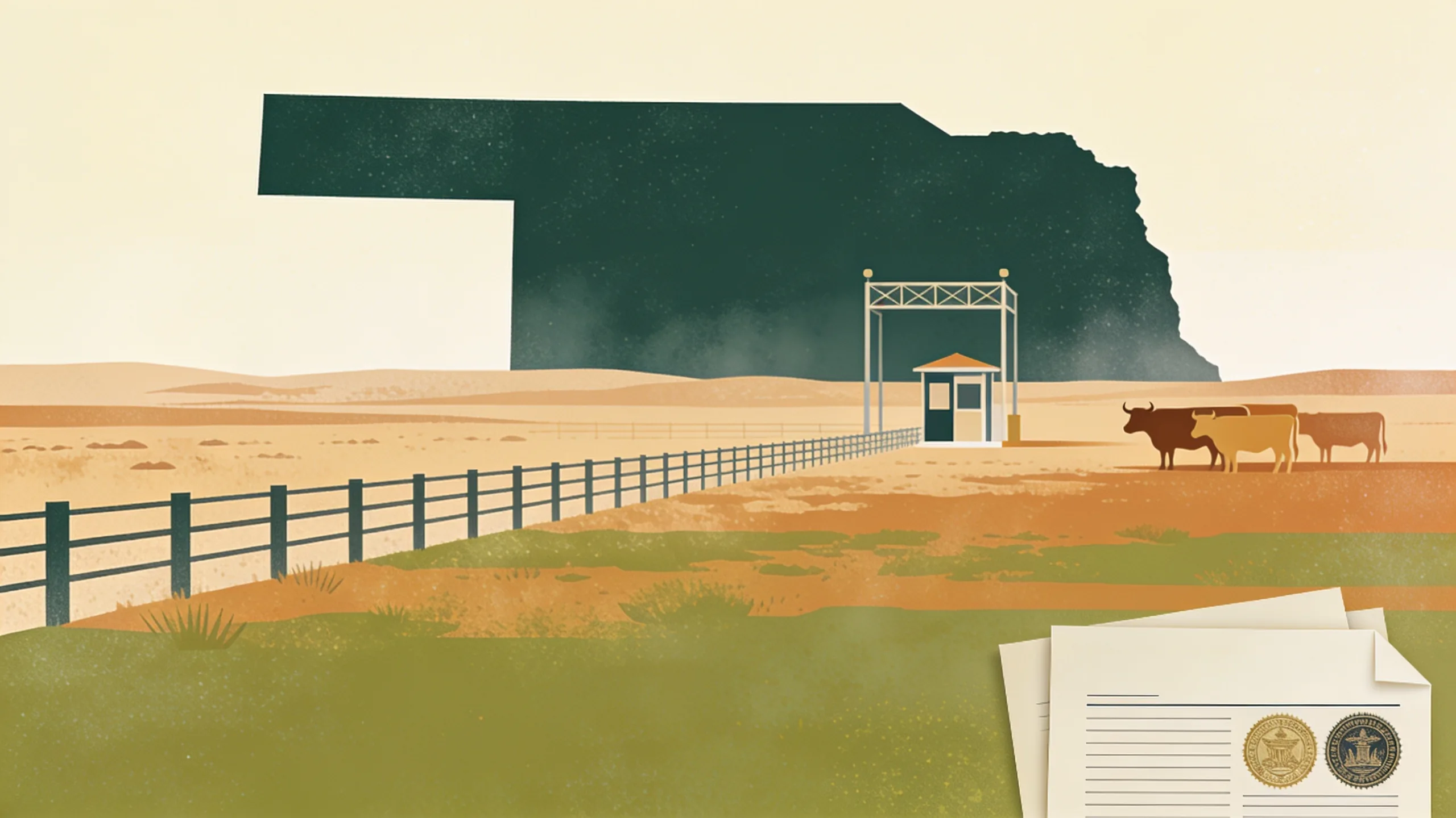 Abstract illustration of a state border marked by a geometric fence line and inspection checkpoint, with cattle silhouettes and arid rangeland in muted green and sand tones