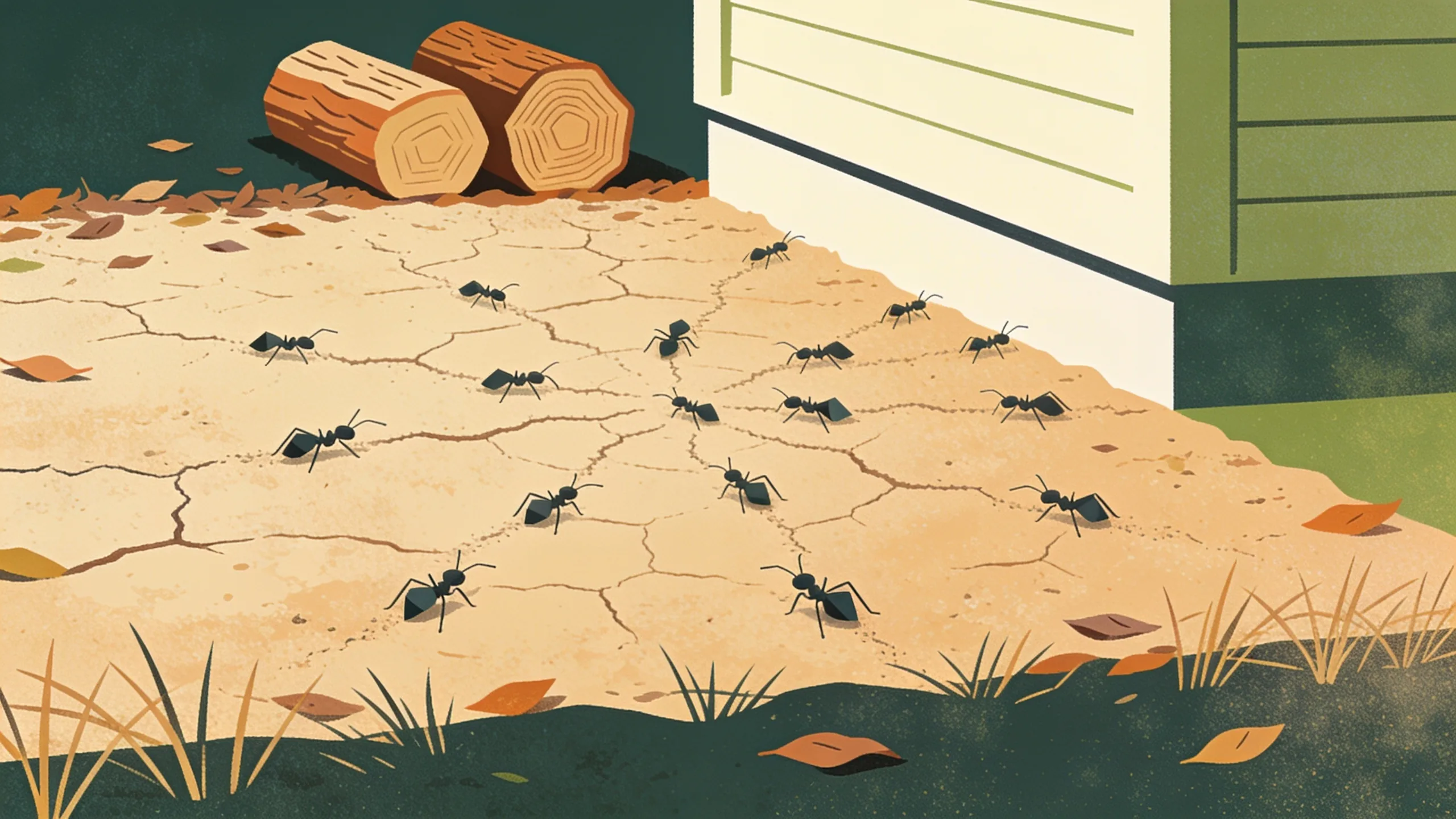 Minimal editorial illustration of small geometric ant shapes scattering in erratic paths across pale cracked soil with leaf litter and firewood logs in muted green and amber