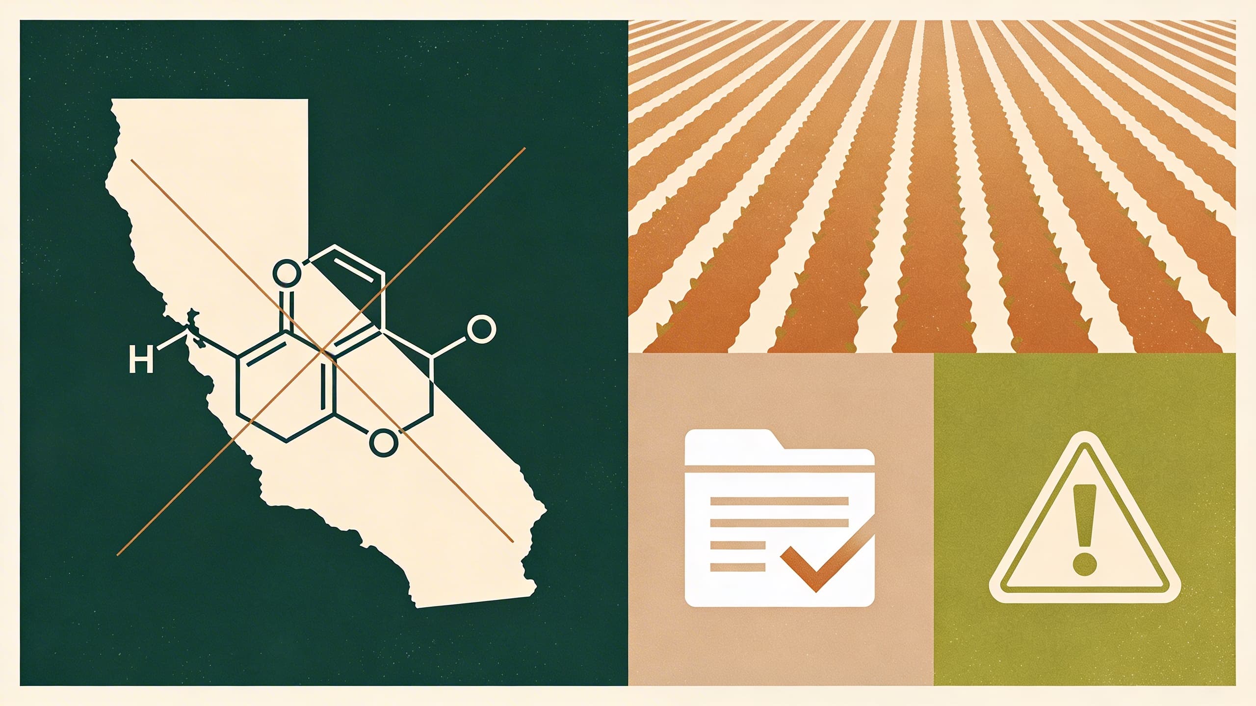 California state outline with crossed-out chemical molecular structure, agricultural field patterns, regulatory document motifs