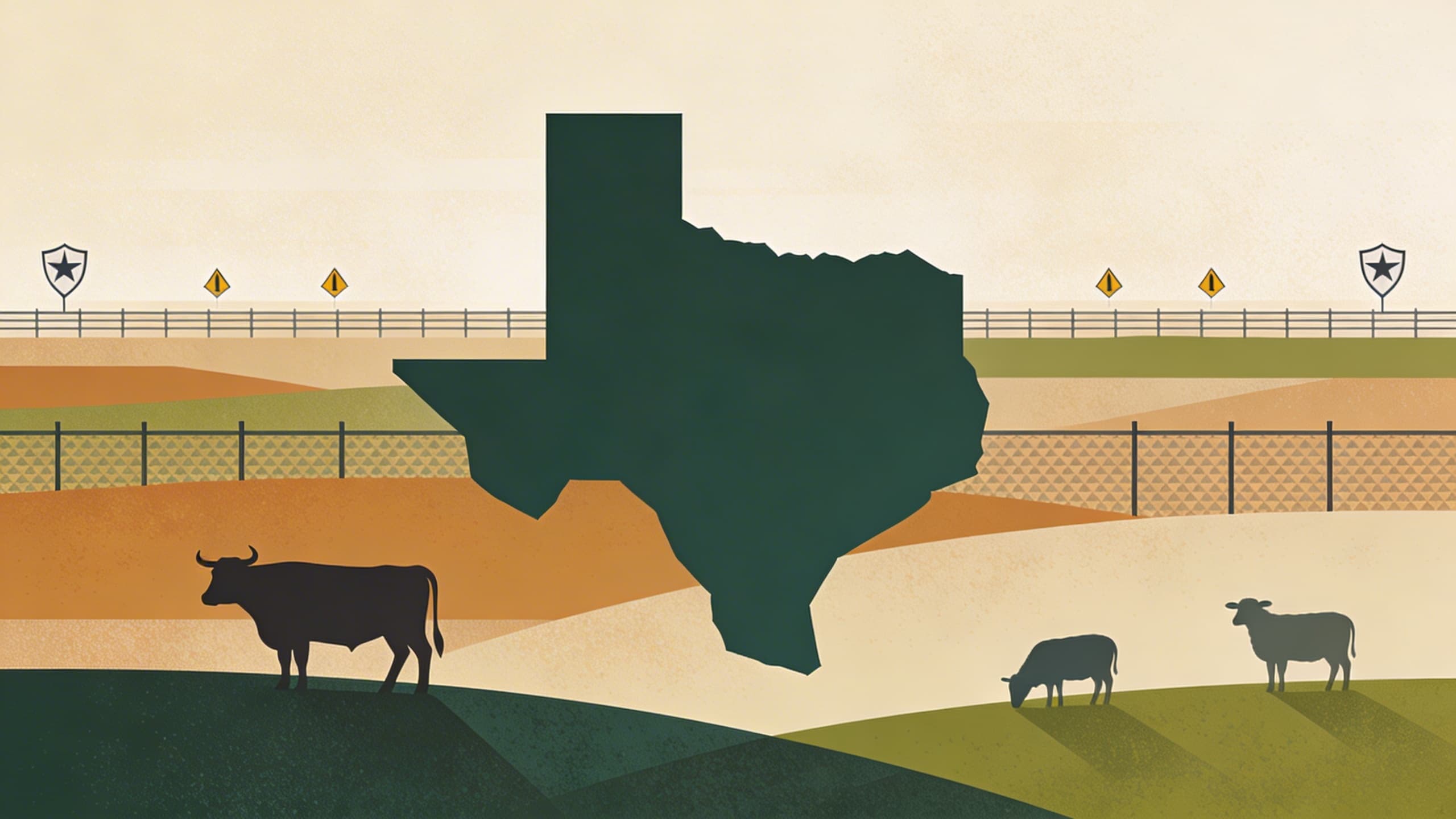 Geometric livestock silhouettes on abstract Texas landscape with protective barrier patterns