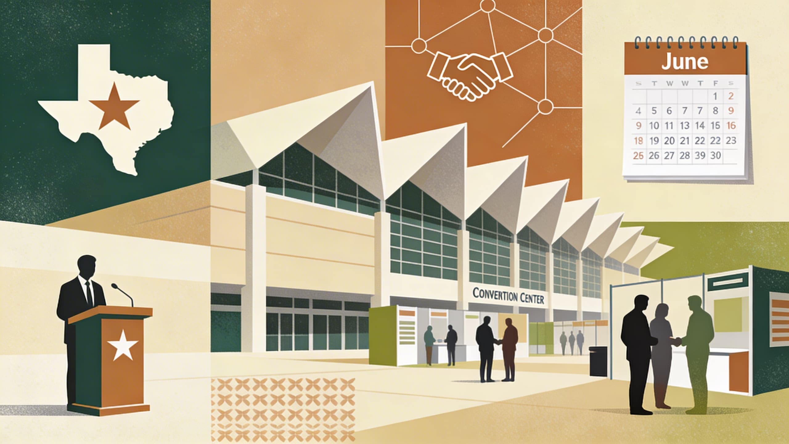 Geometric convention center architecture with pest control professional icons, educational podium motifs, networking patterns