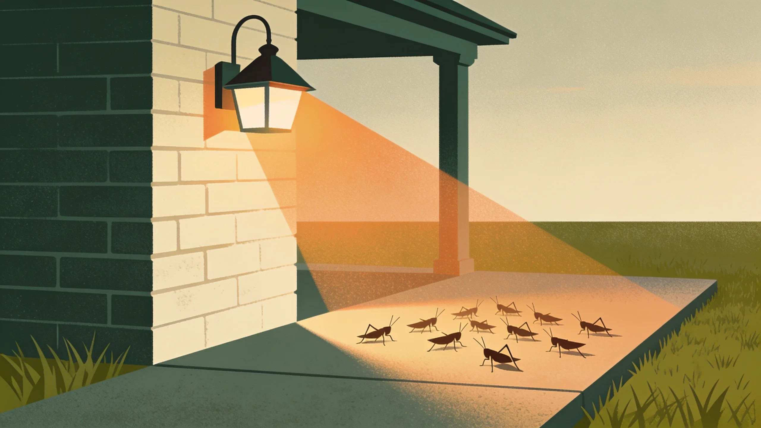 Minimal editorial illustration of a shielded porch lamp casting an amber cone of light on a cream brick wall while geometric cricket silhouettes gather on a forest green doorstep