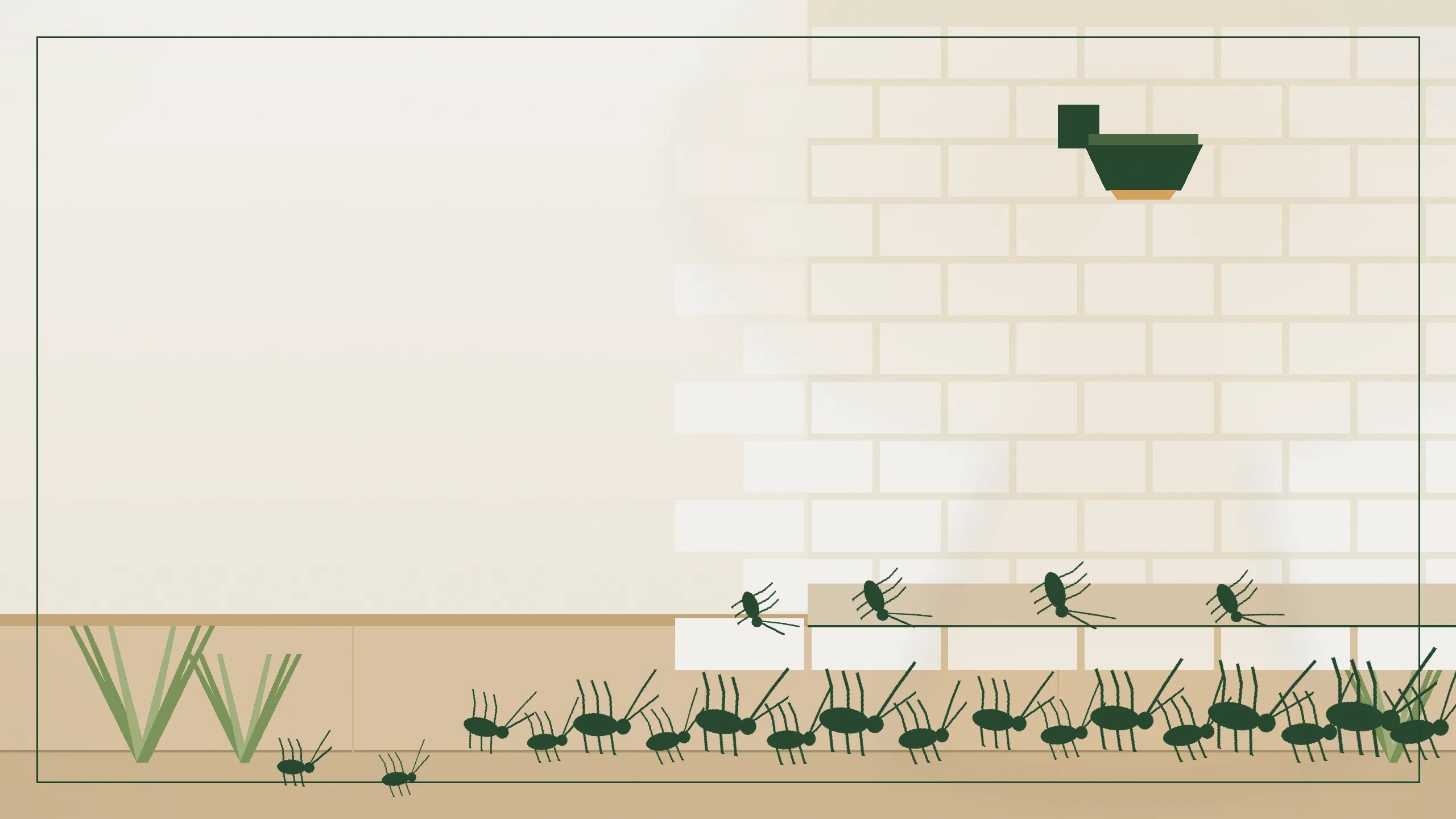 Minimal editorial illustration of a shielded porch lamp casting an amber cone of light on a cream brick wall while geometric cricket silhouettes gather on a forest green doorstep