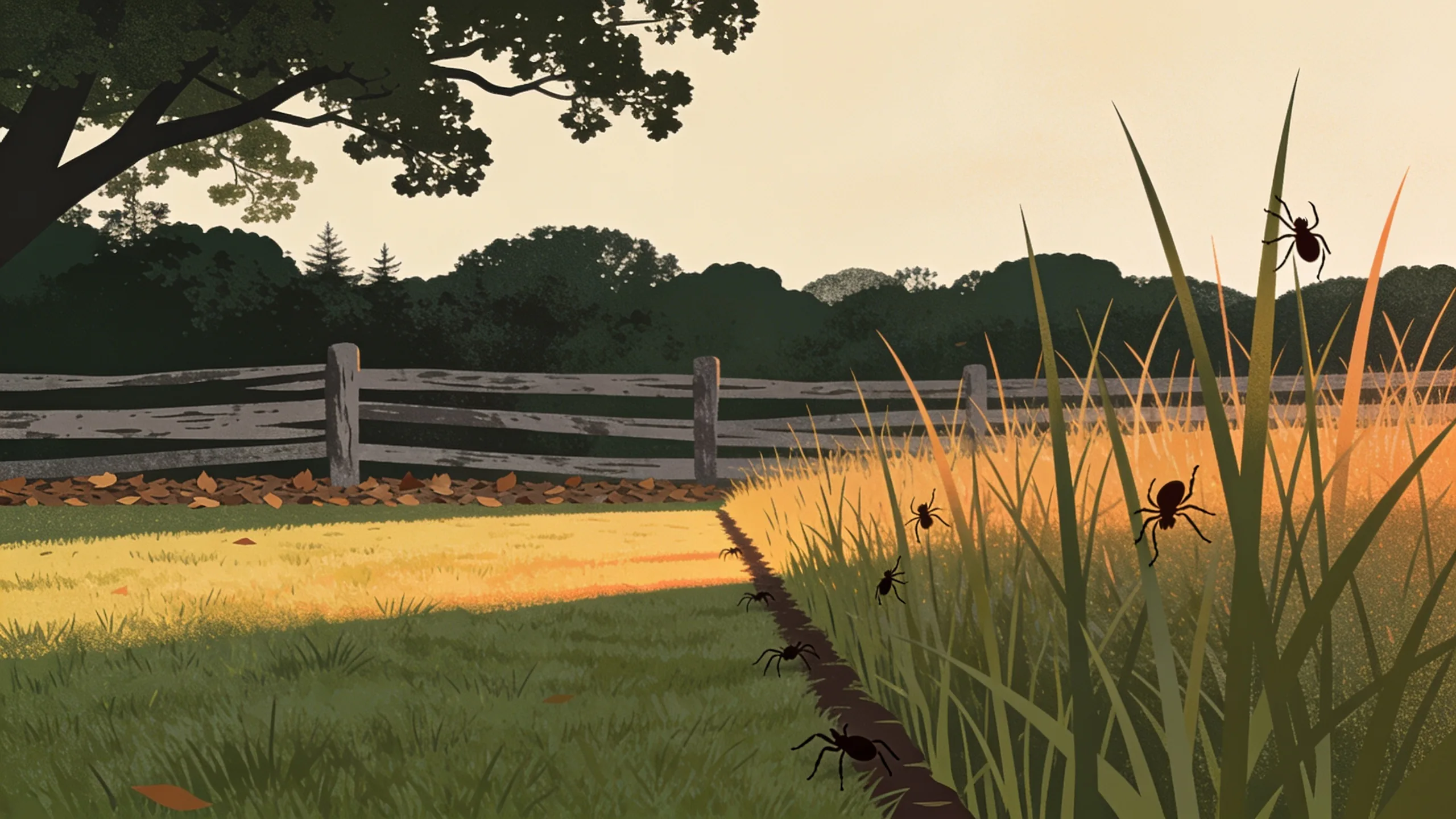 Minimal editorial illustration of a mowed lawn edge meeting a forest green brush line, with small geometric insect silhouettes climbing tall grass blades in warm amber light