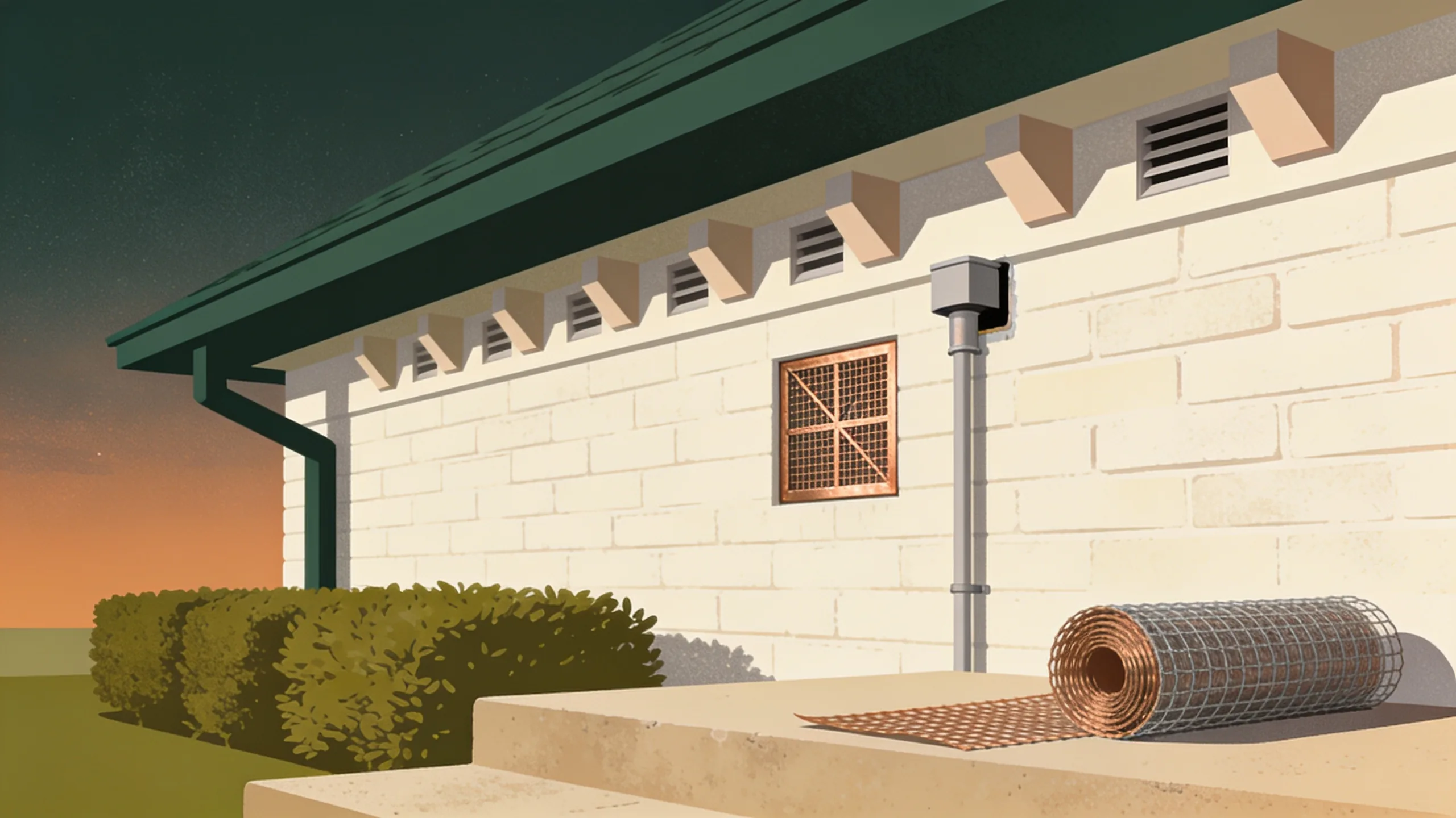 Minimal editorial illustration of a cream brick Texas ranch house at dusk with sealed soffit vents and a roll of copper mesh on the step, framed by olive fall foliage