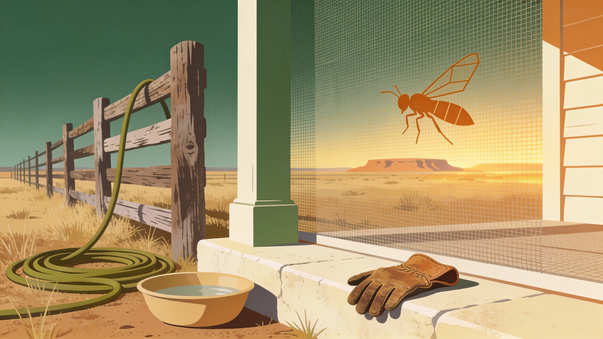 Minimal editorial illustration of a cream porch step and garden hose in forest green and amber, with geometric fly silhouettes held back behind a fine mesh screen