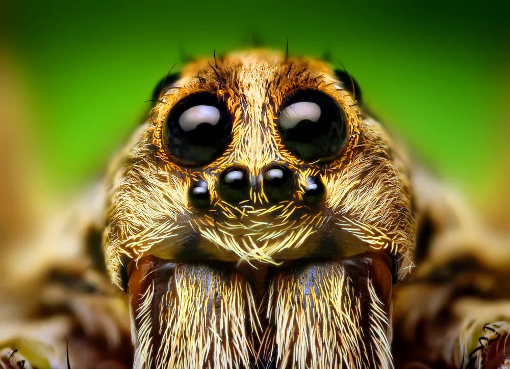 Close-up of a wolf spider's face showing the eye arrangement with two large forward-facing eyes