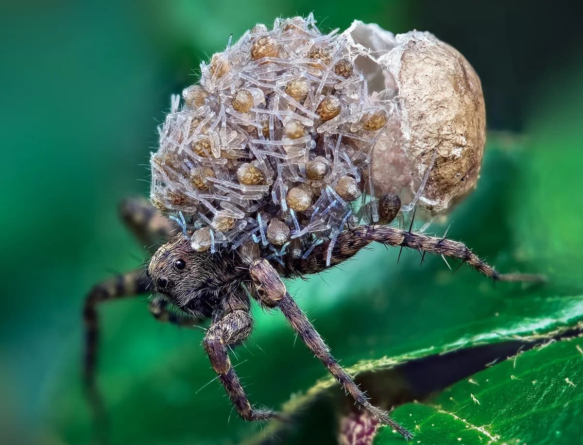 Female wolf spider carrying spiderlings hatching from the egg sac on her back