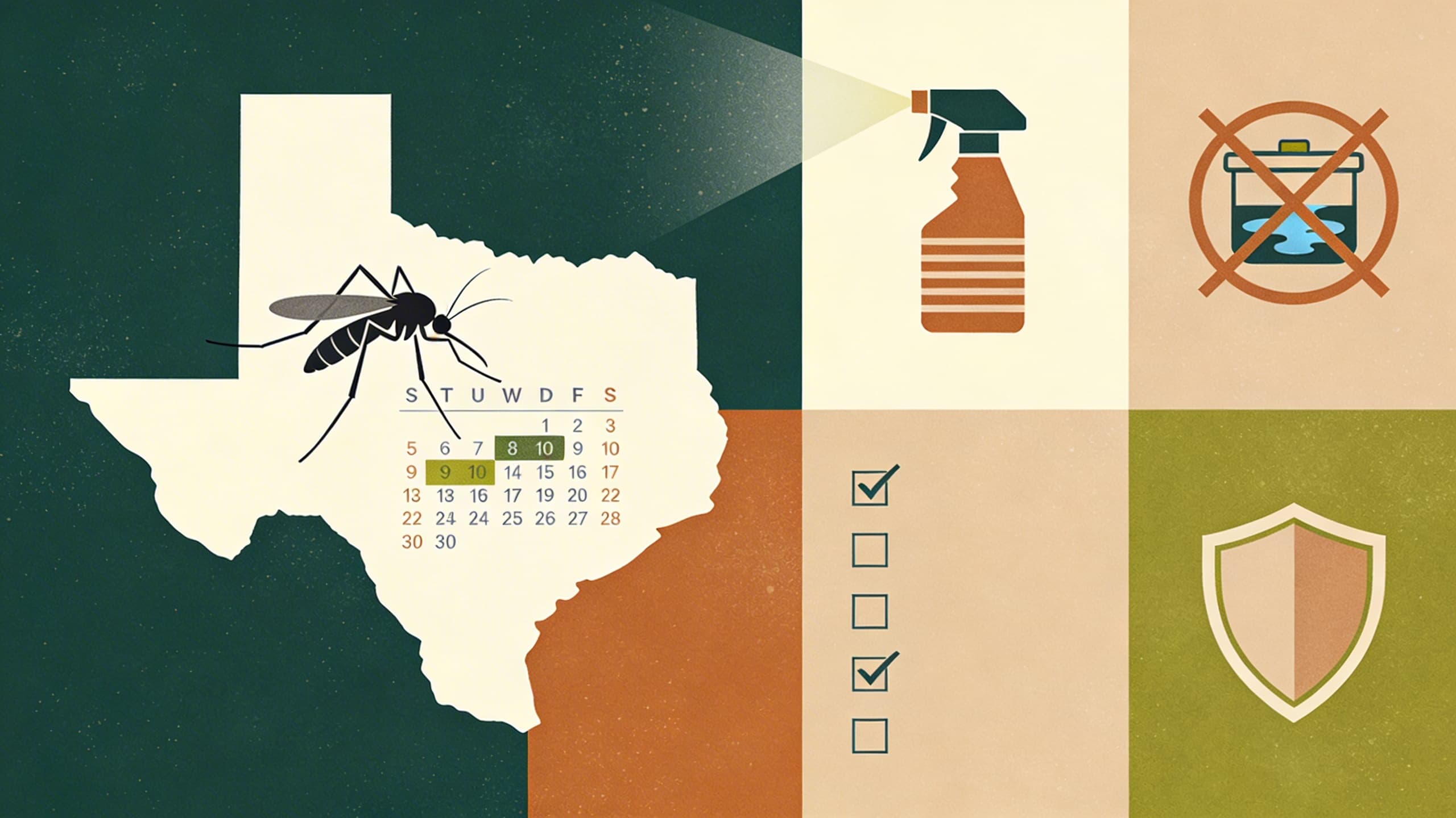 Abstract mosquito silhouette over Texas seasonal calendar, protective spray patterns, standing water elimination motifs