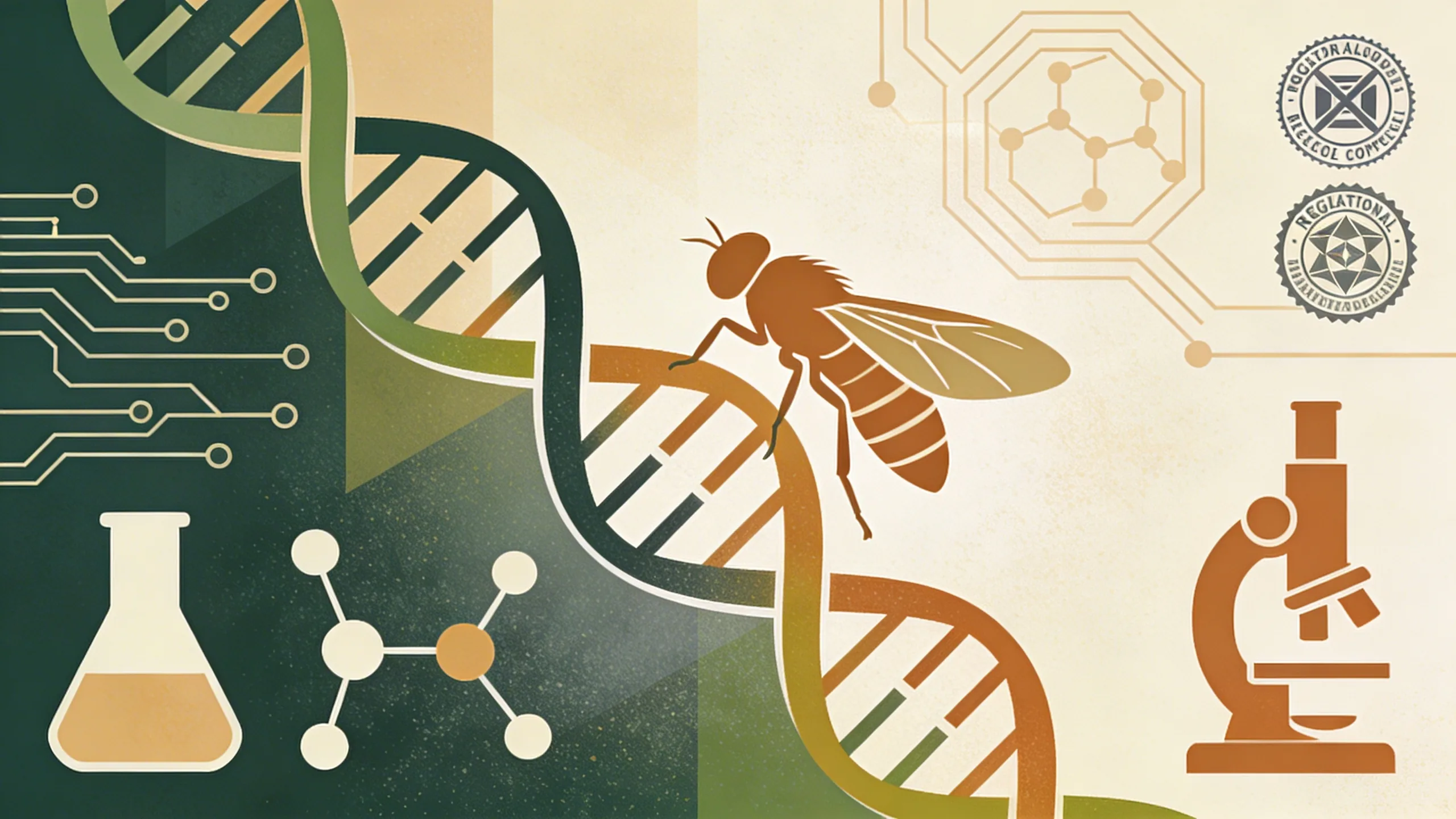 Abstract DNA helix merging with geometric fly silhouette, circuit board patterns, scientific innovation motifs