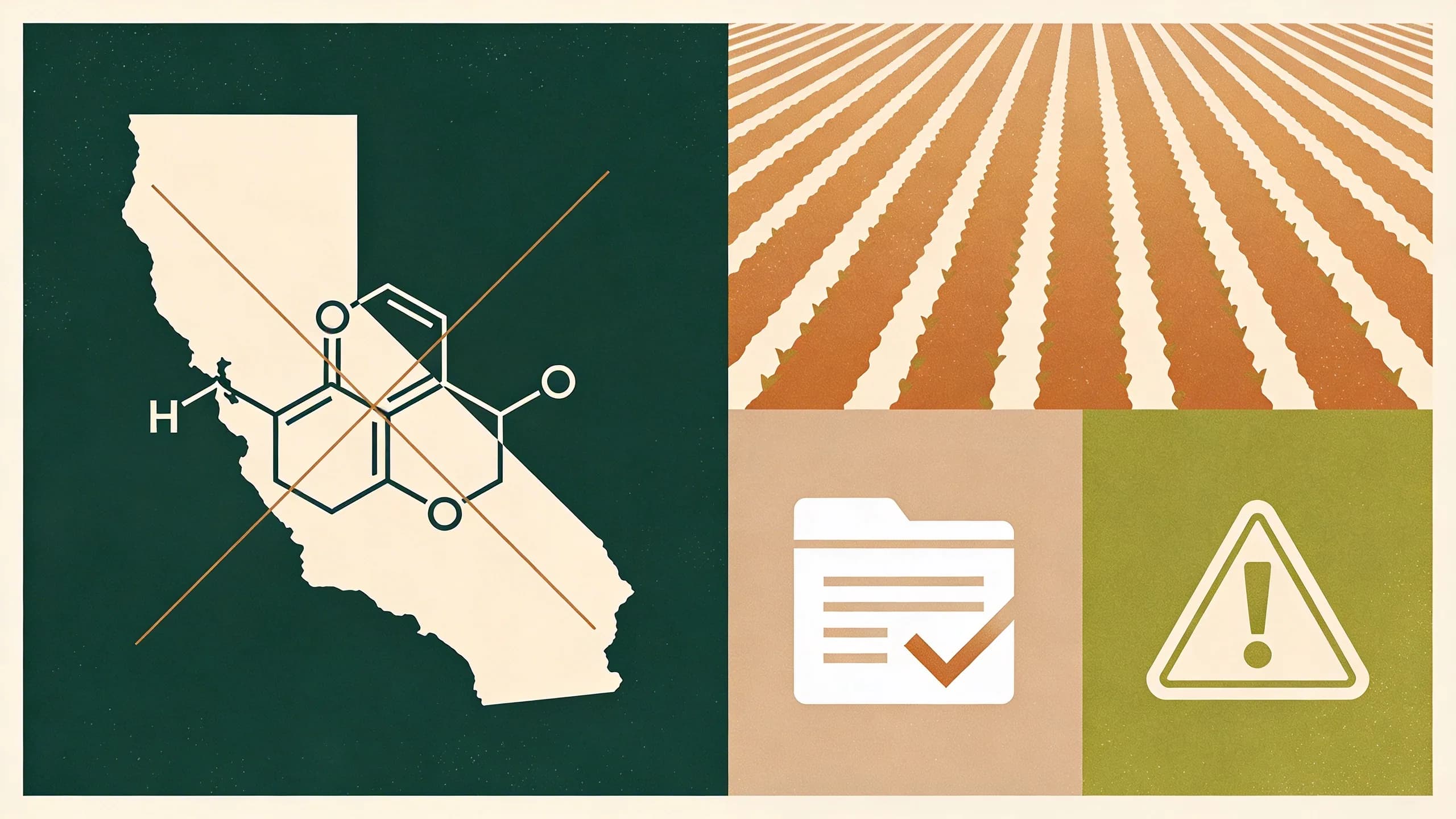 California state outline with crossed-out chemical molecular structure, agricultural field patterns, regulatory document motifs