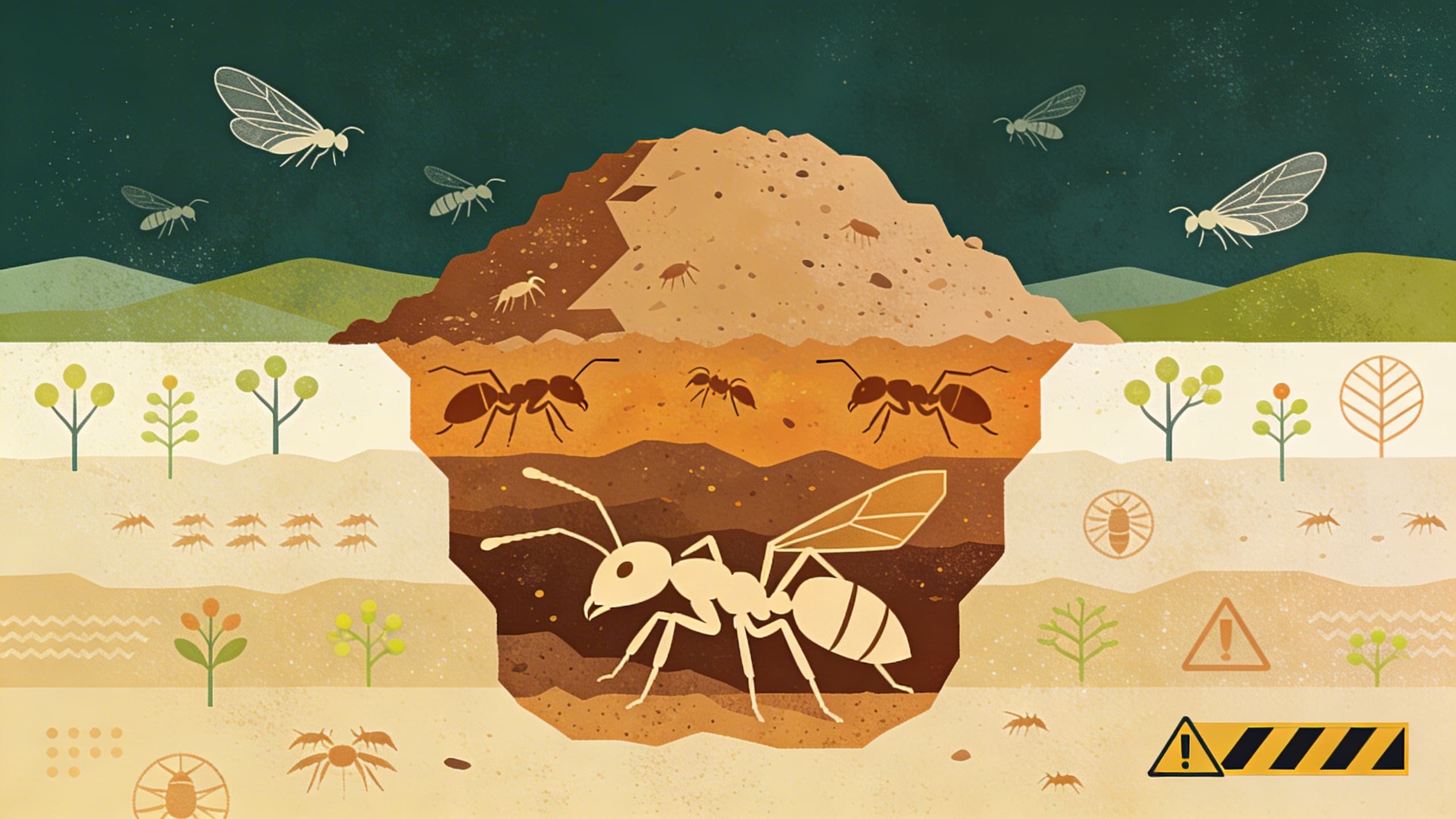 Abstract fire ant mound and termite wing patterns over Central Texas landscape, spring seasonal indicators
