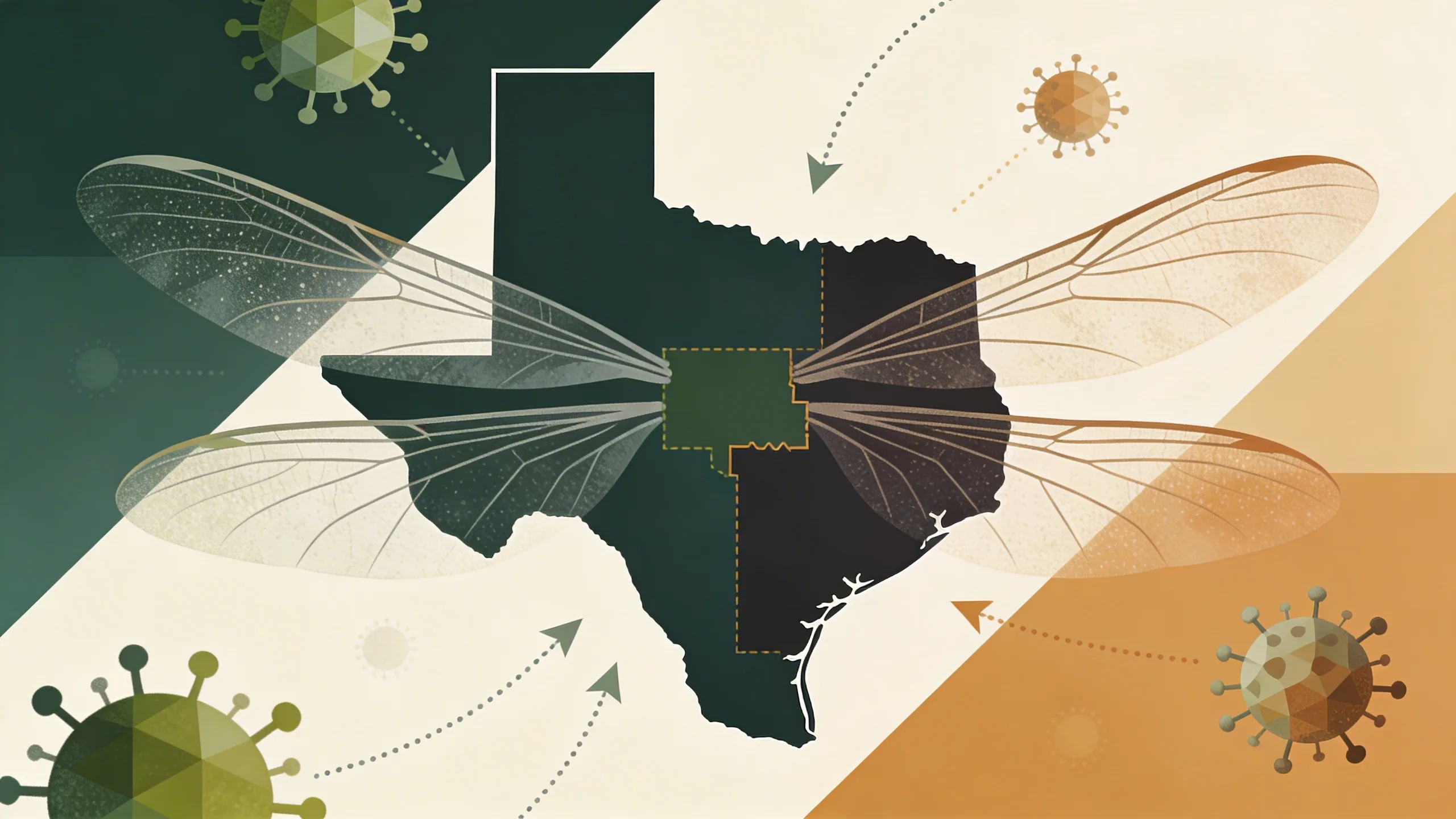 Abstract mosquito wing patterns over layered Texas map with West Texas highlighted, geometric viral particle motifs