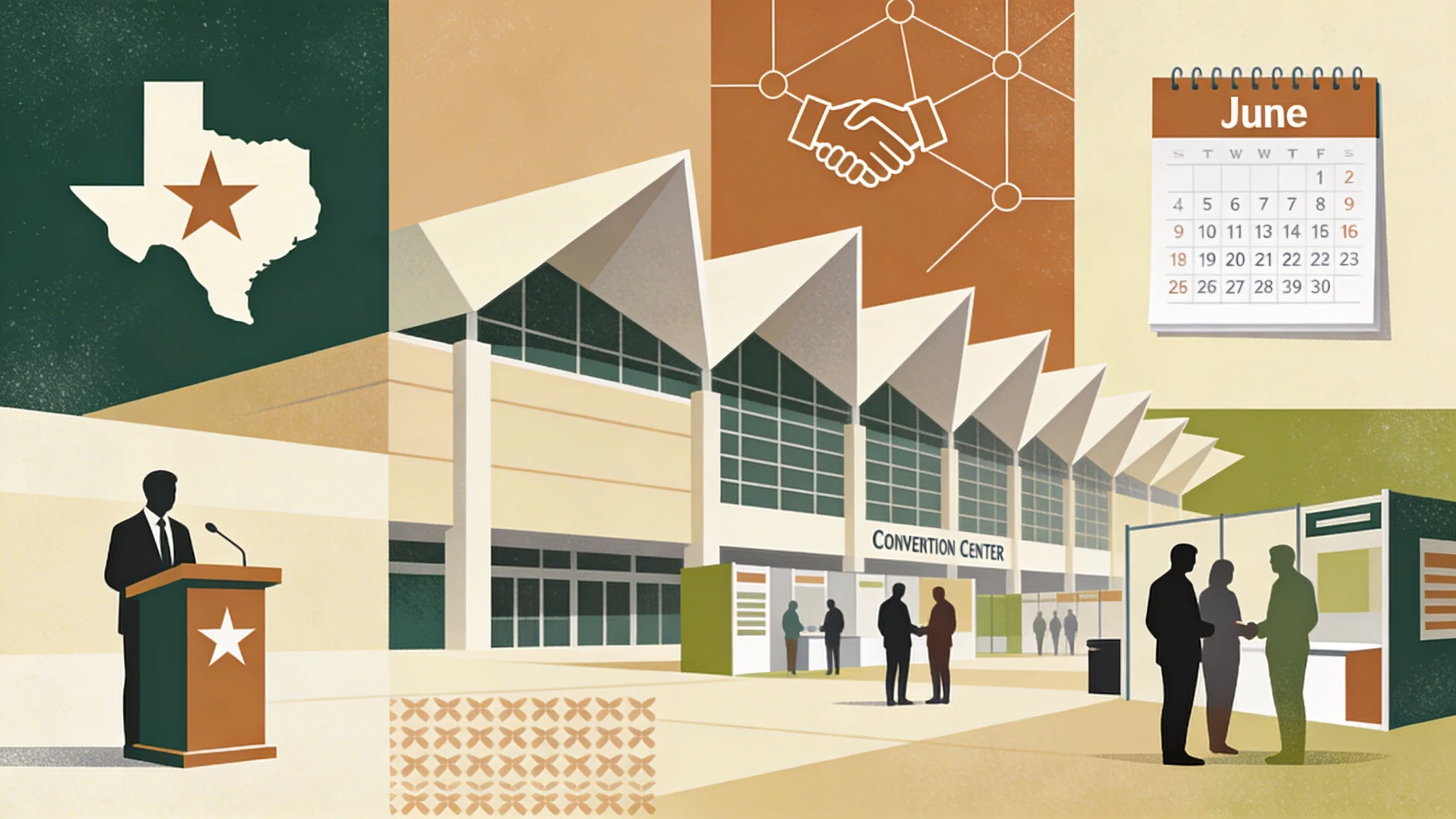 Geometric convention center architecture with pest control professional icons, educational podium motifs, networking patterns