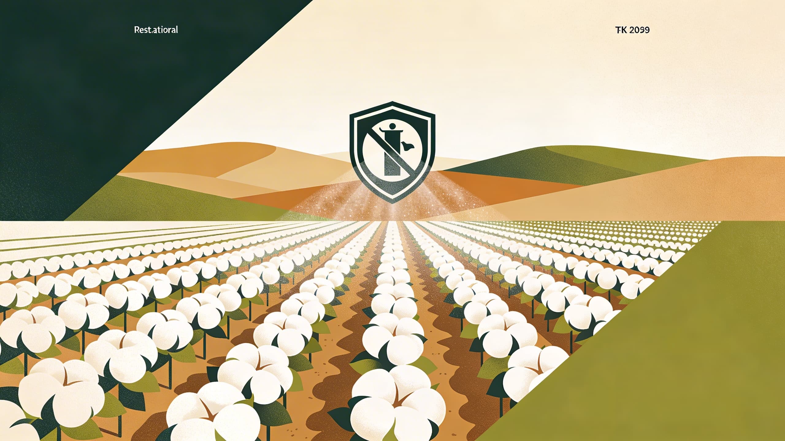 Abstract agricultural landscape with geometric crop rows and regulatory shield icons, earthy color palette