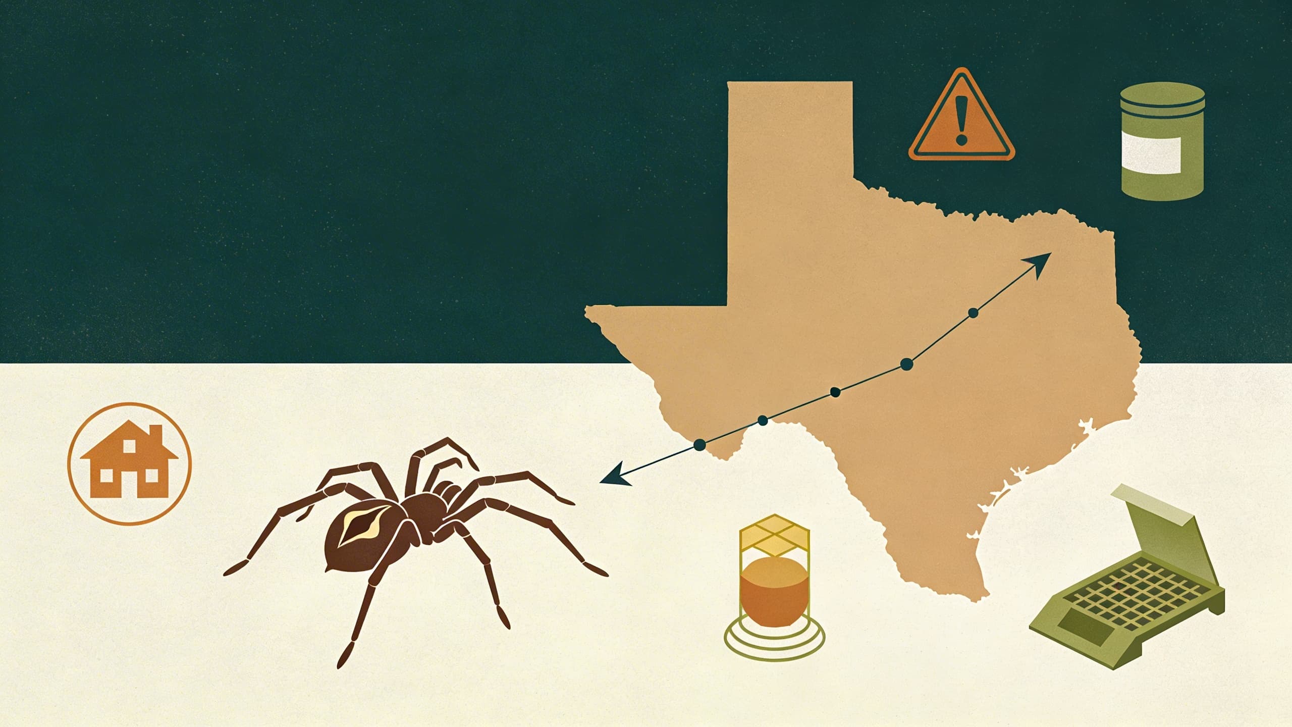 Abstract brown recluse spider silhouette with violin marking, Texas map showing range expansion, home safety elements