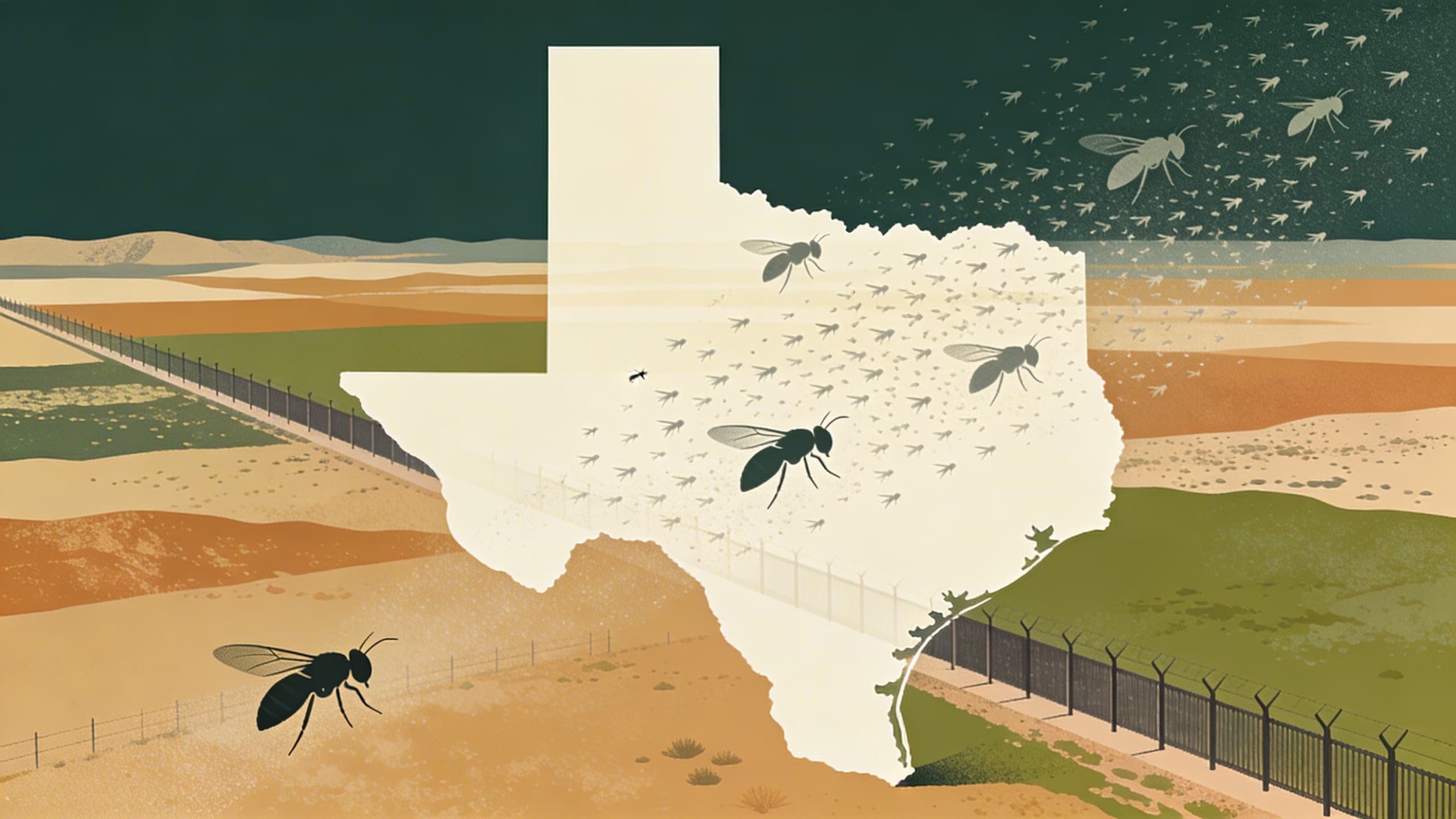 Abstract illustration of sterile fly release patterns over Texas border region