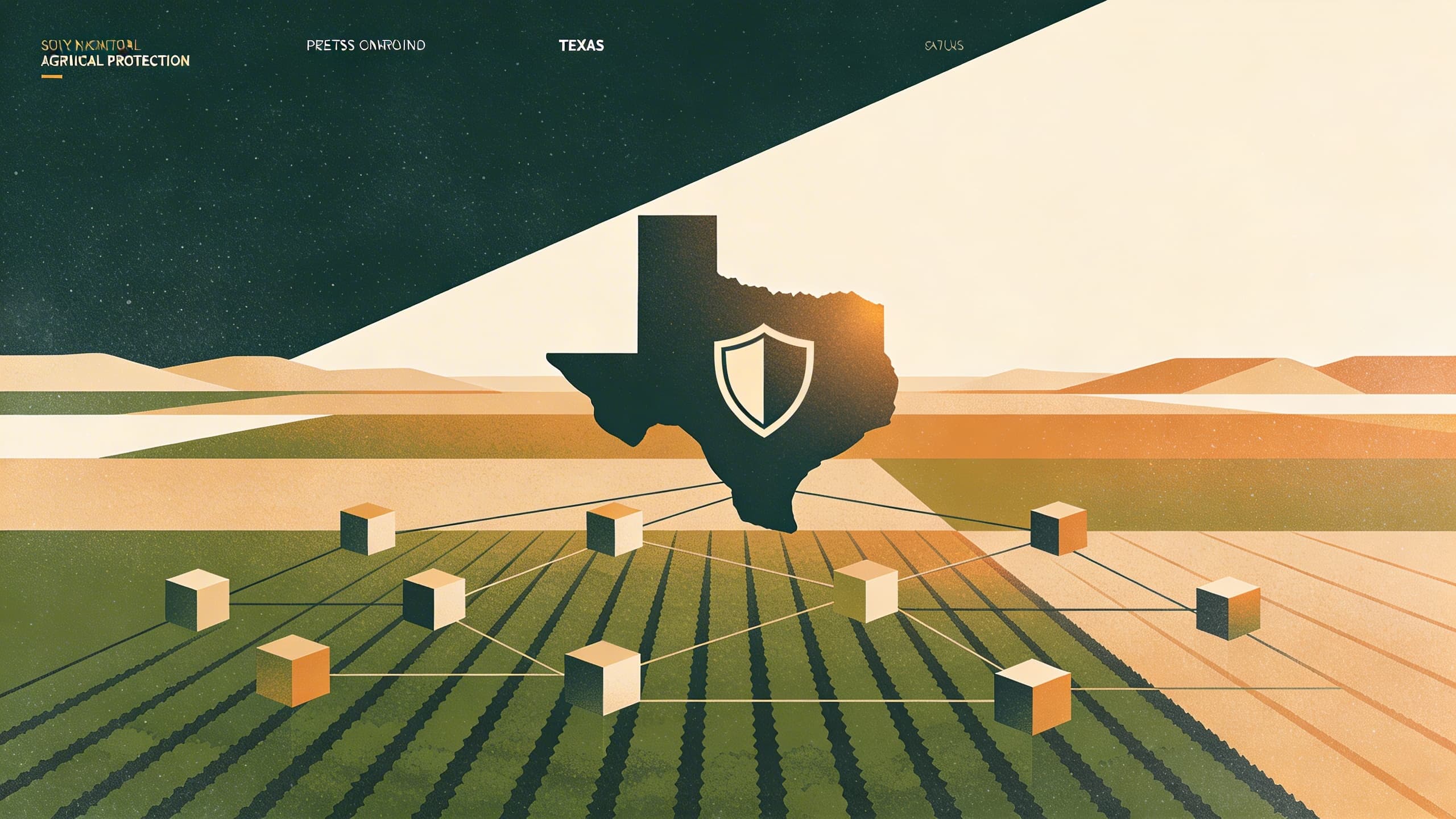 Abstract illustration of agricultural protection shield over Texas farmland
