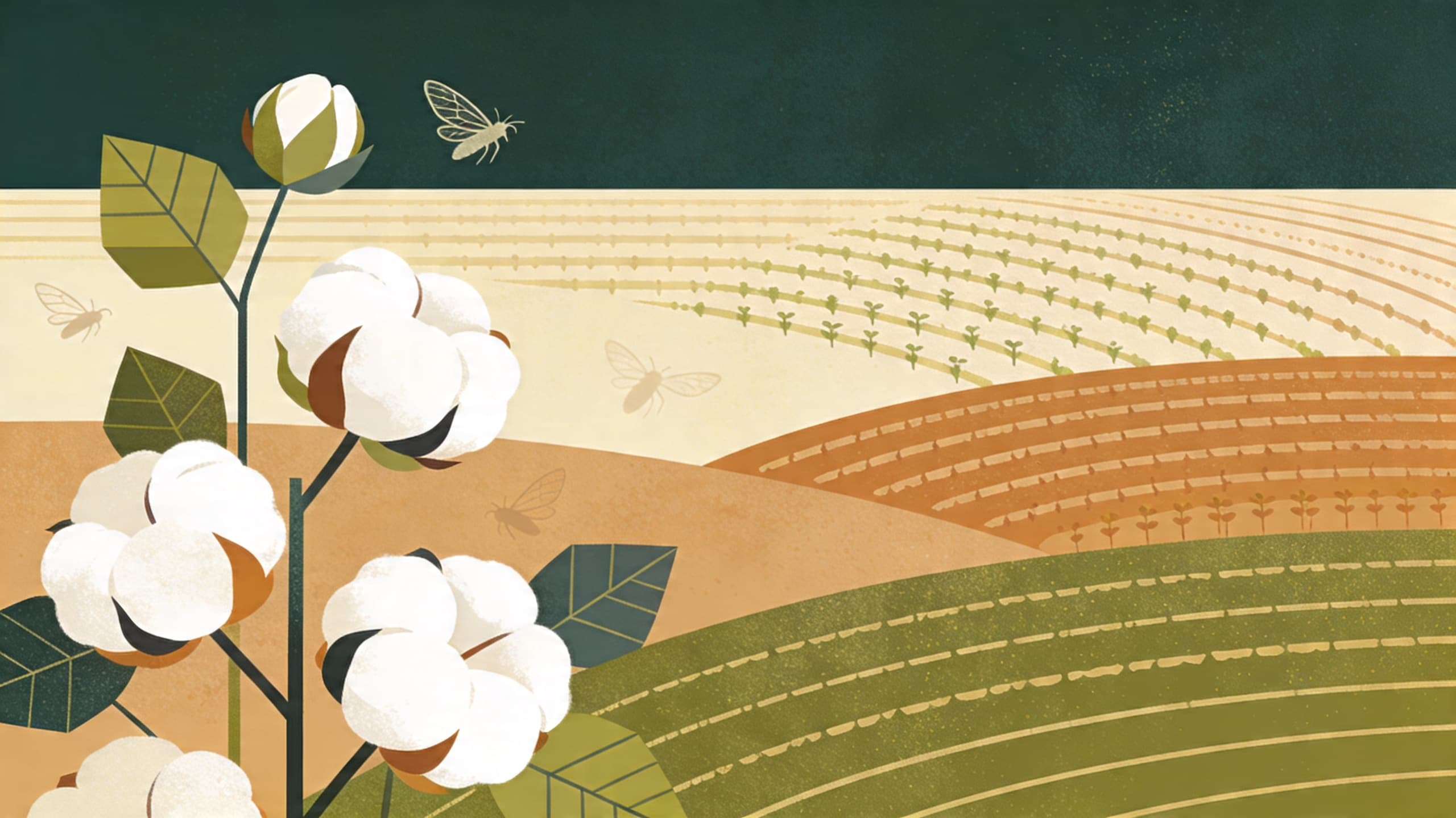 Abstract illustration of cotton plants with geometric leaf patterns in earthy green tones