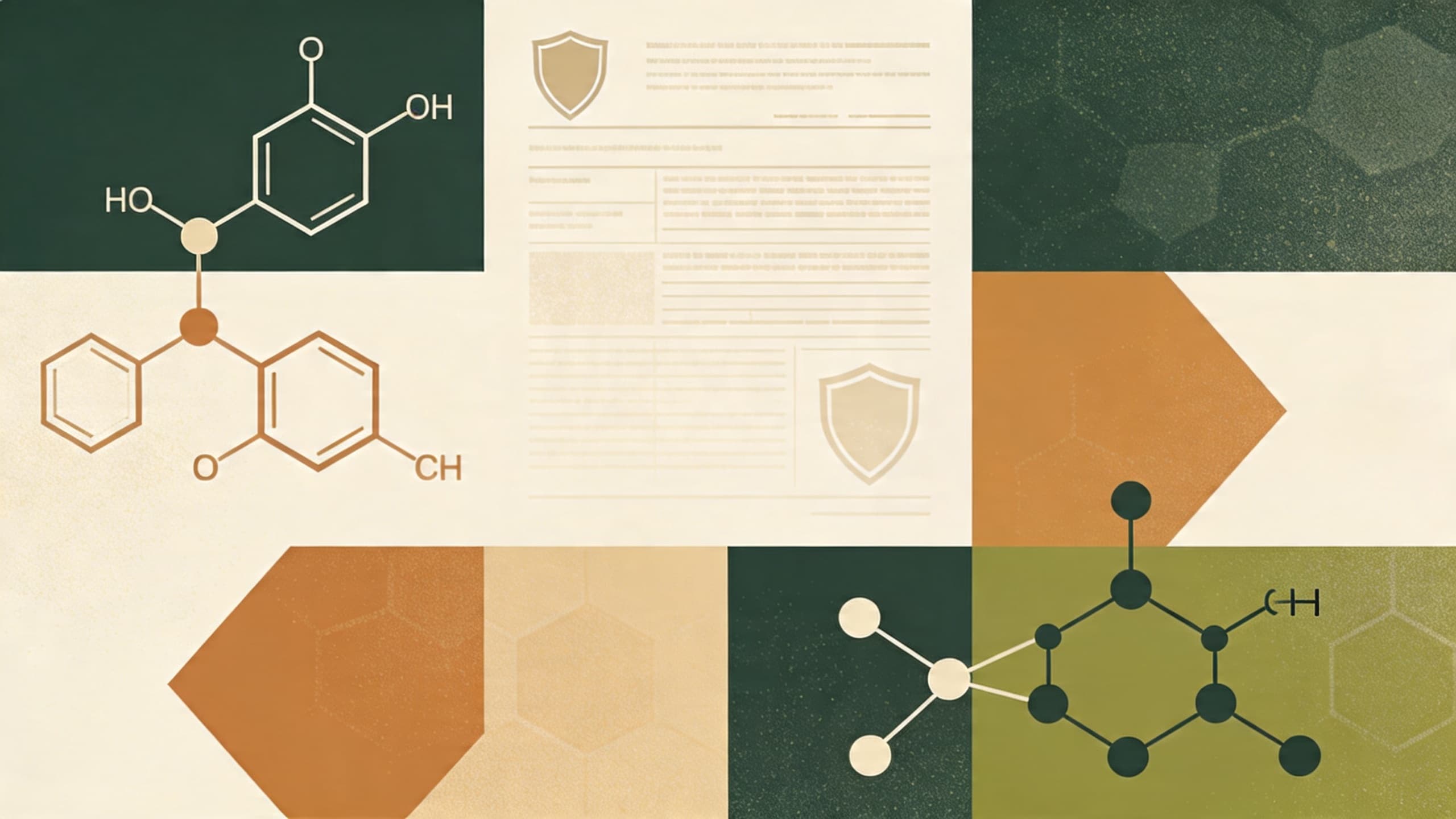 Abstract molecular structures and regulatory symbols in muted green and amber tones