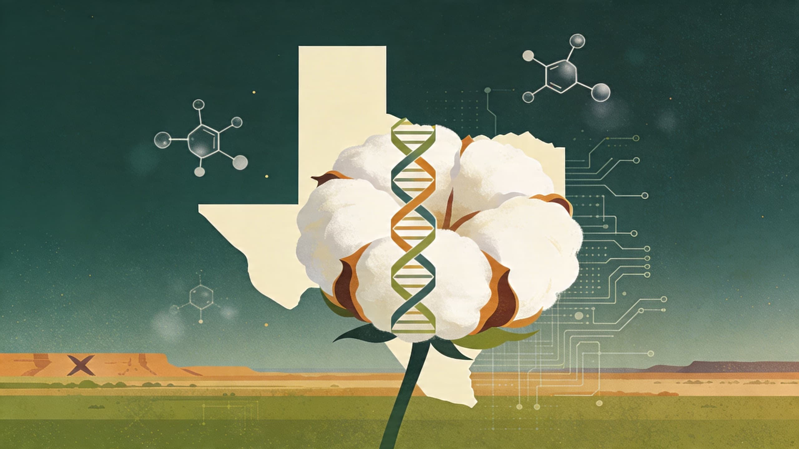 Abstract representation of cotton plant molecular biology with geometric patterns suggesting genetic research
