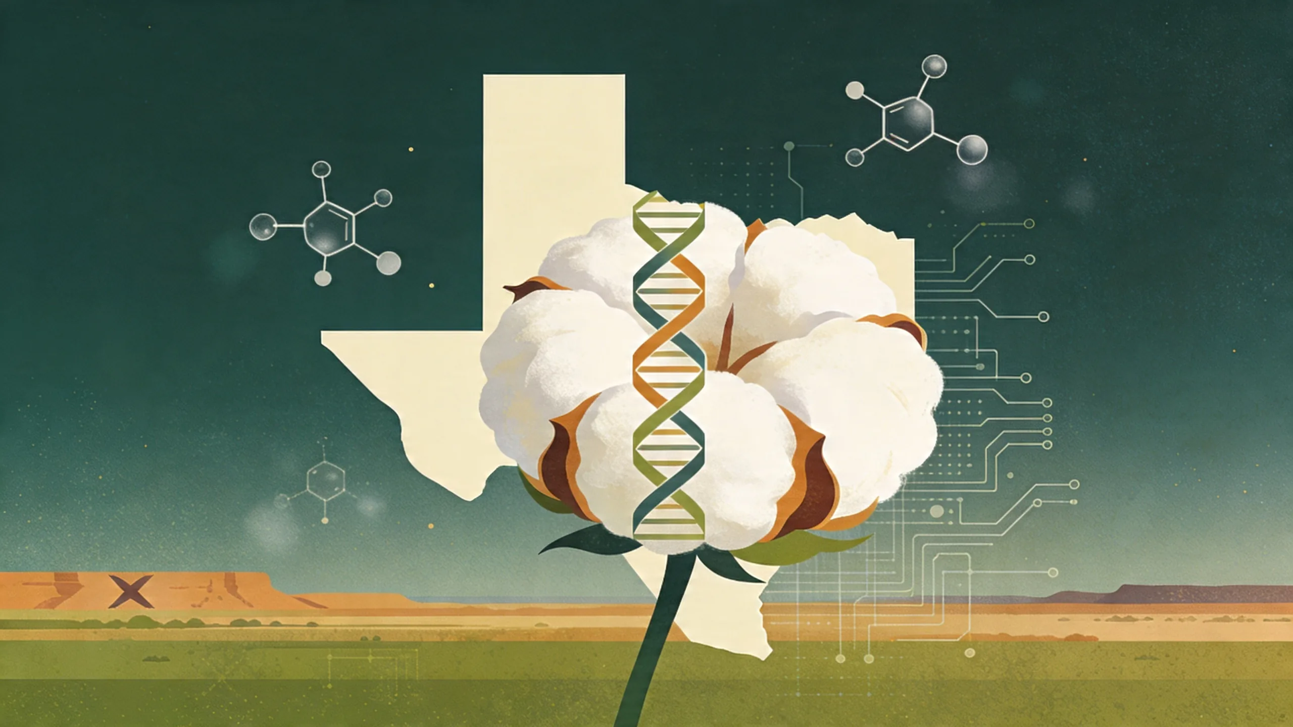 Abstract representation of cotton plant molecular biology with geometric patterns suggesting genetic research