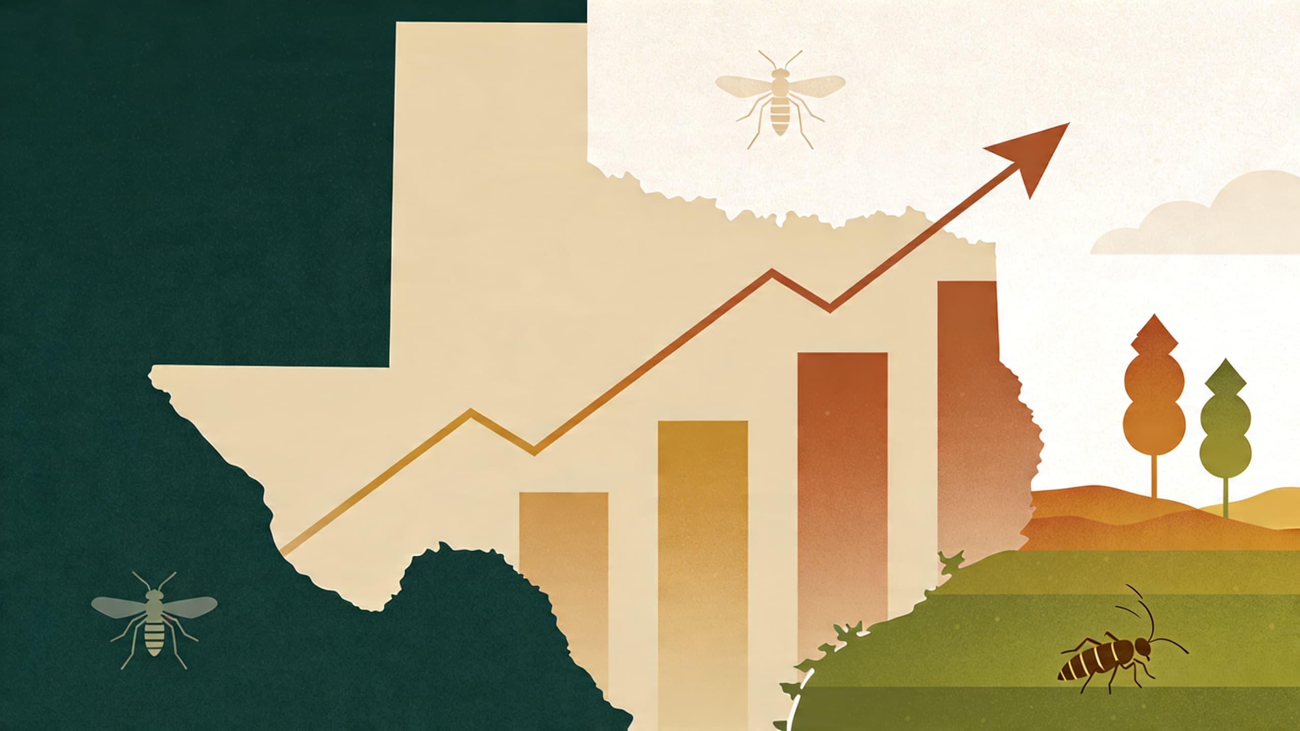 Abstract illustration of rising demand chart with Texas landscape and seasonal pest icons