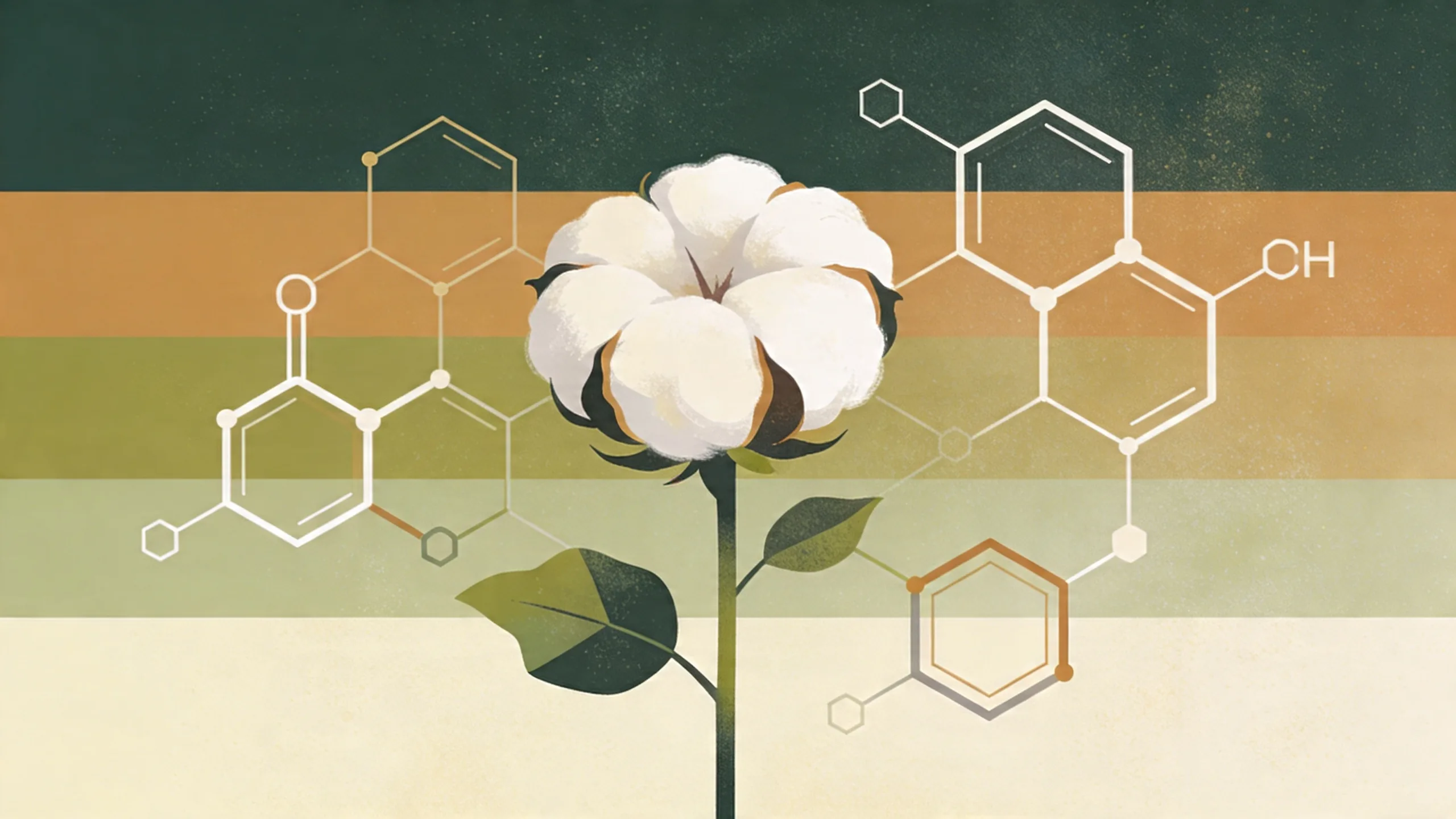 Abstract cotton plant with molecular cholesterol structures representing biotechnology research