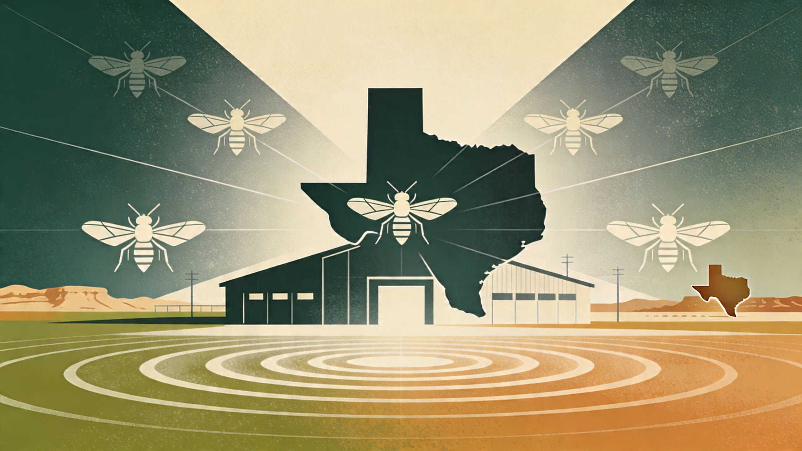 Modern sterile fly production facility with geometric patterns representing biosecurity and agricultural protection