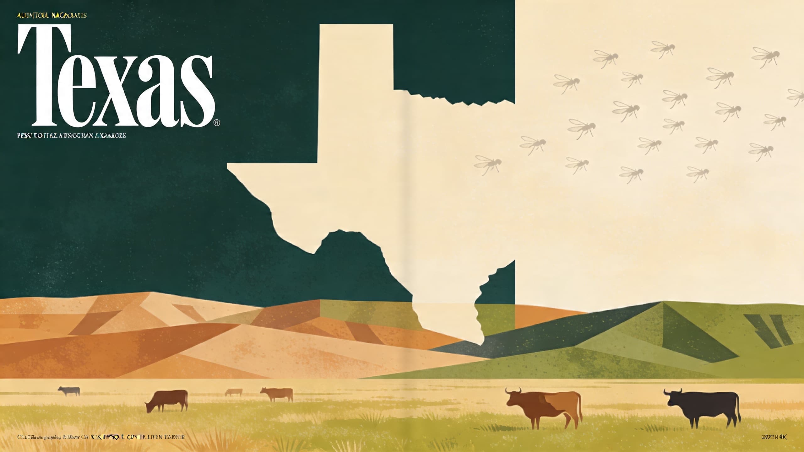 Abstract illustration of cattle grazing in East Texas pasture with subtle fly silhouette patterns