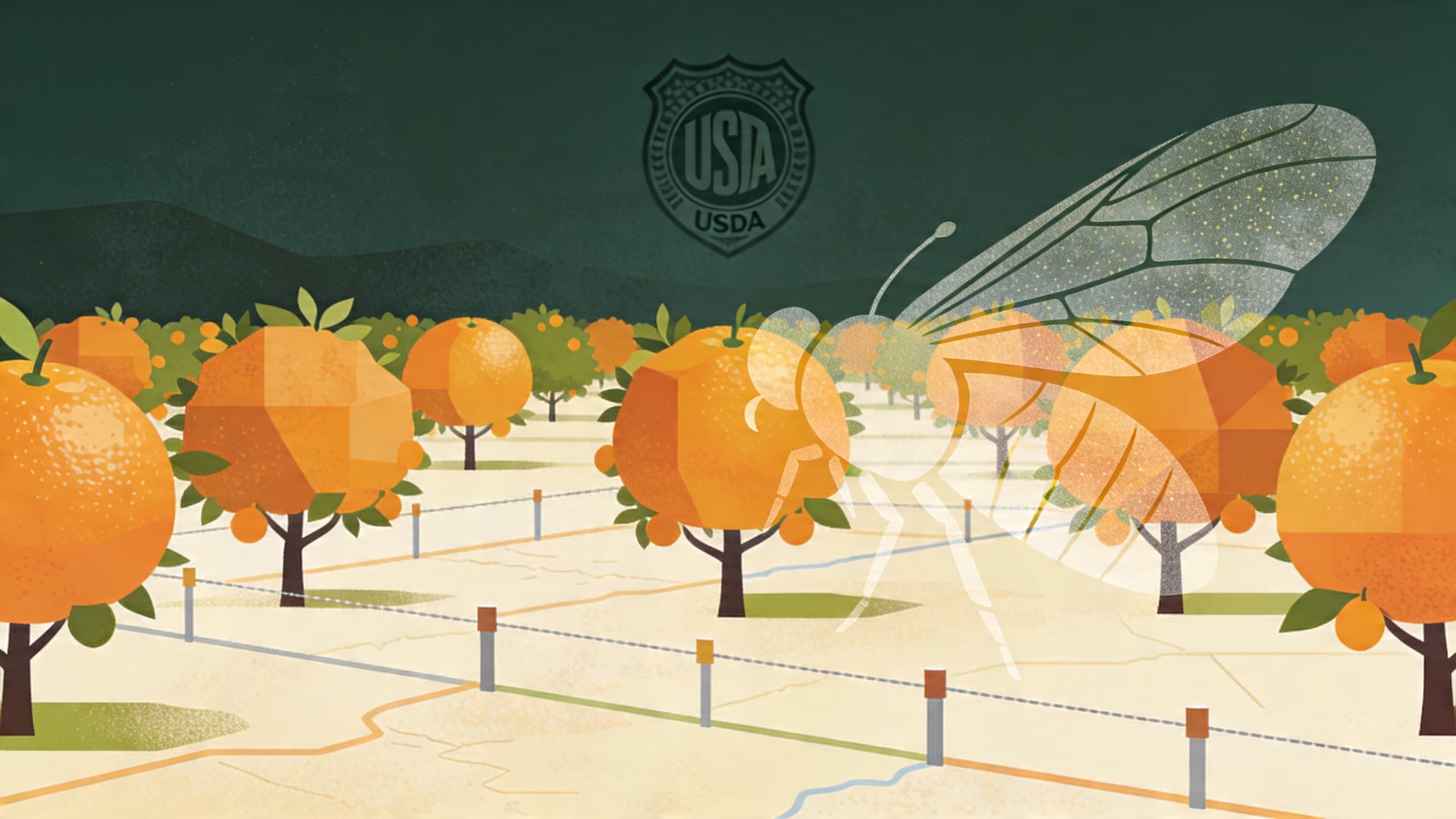 Abstract citrus orchard with quarantine boundary markers, USDA fruit fly detection concept