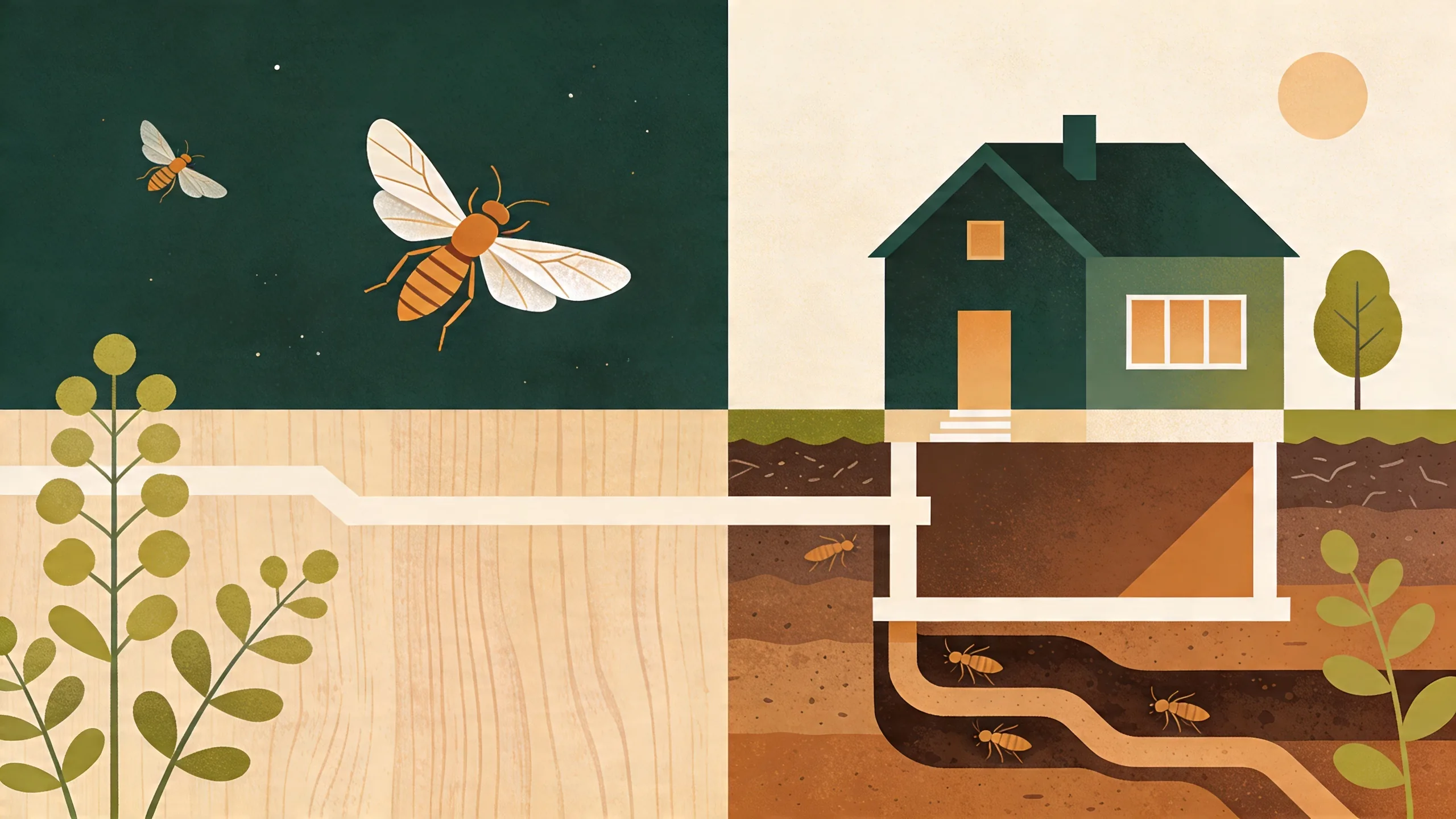 Abstract geometric termite wings and house silhouette, spring pest season concept