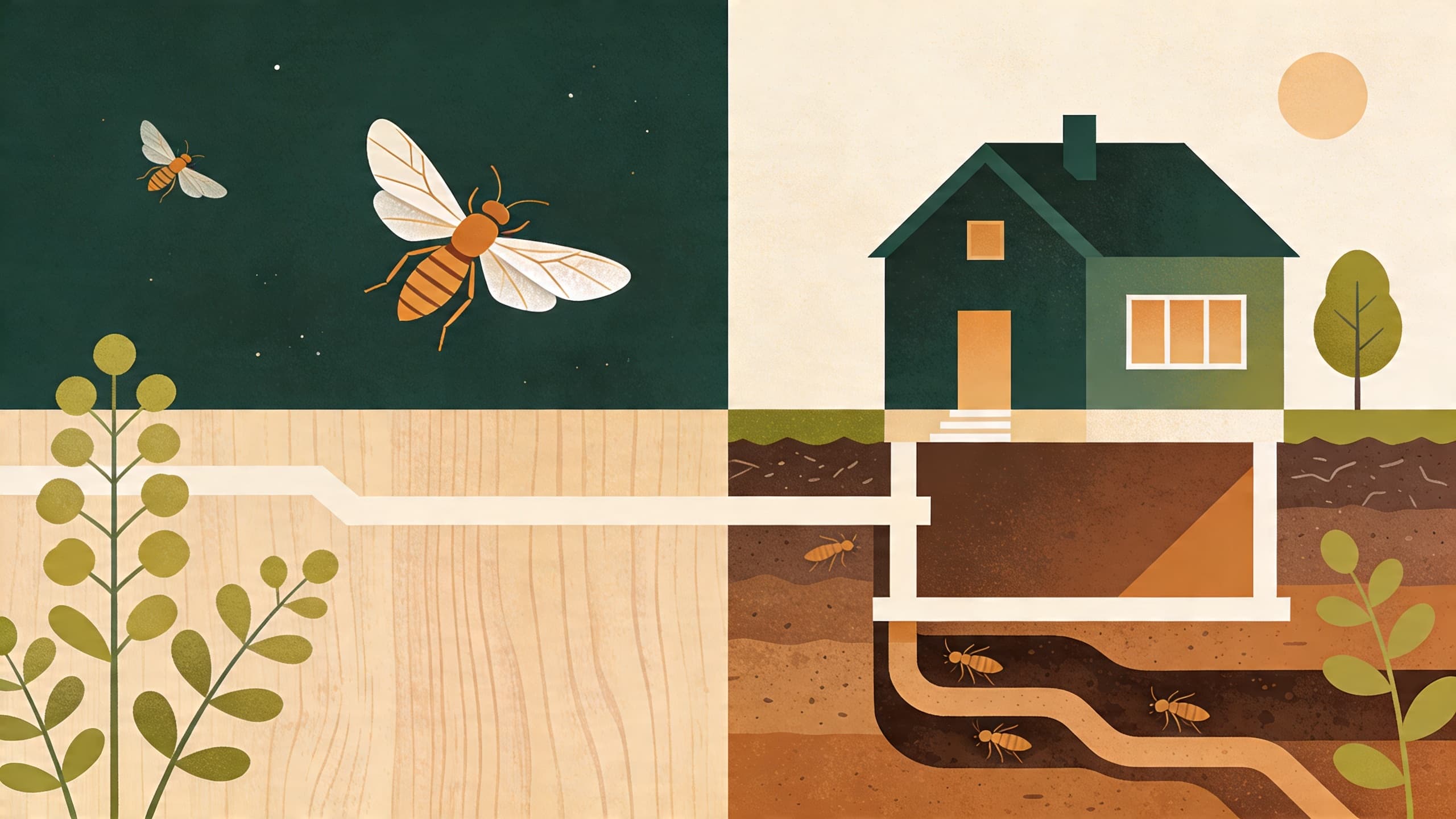 Abstract geometric termite wings and house silhouette, spring pest season concept