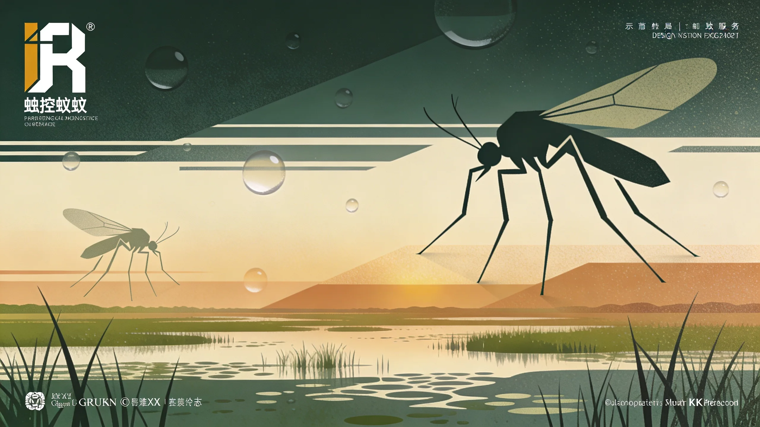 Abstract illustration of mosquito surveillance in Brazos County Texas with water droplets and marsh landscape