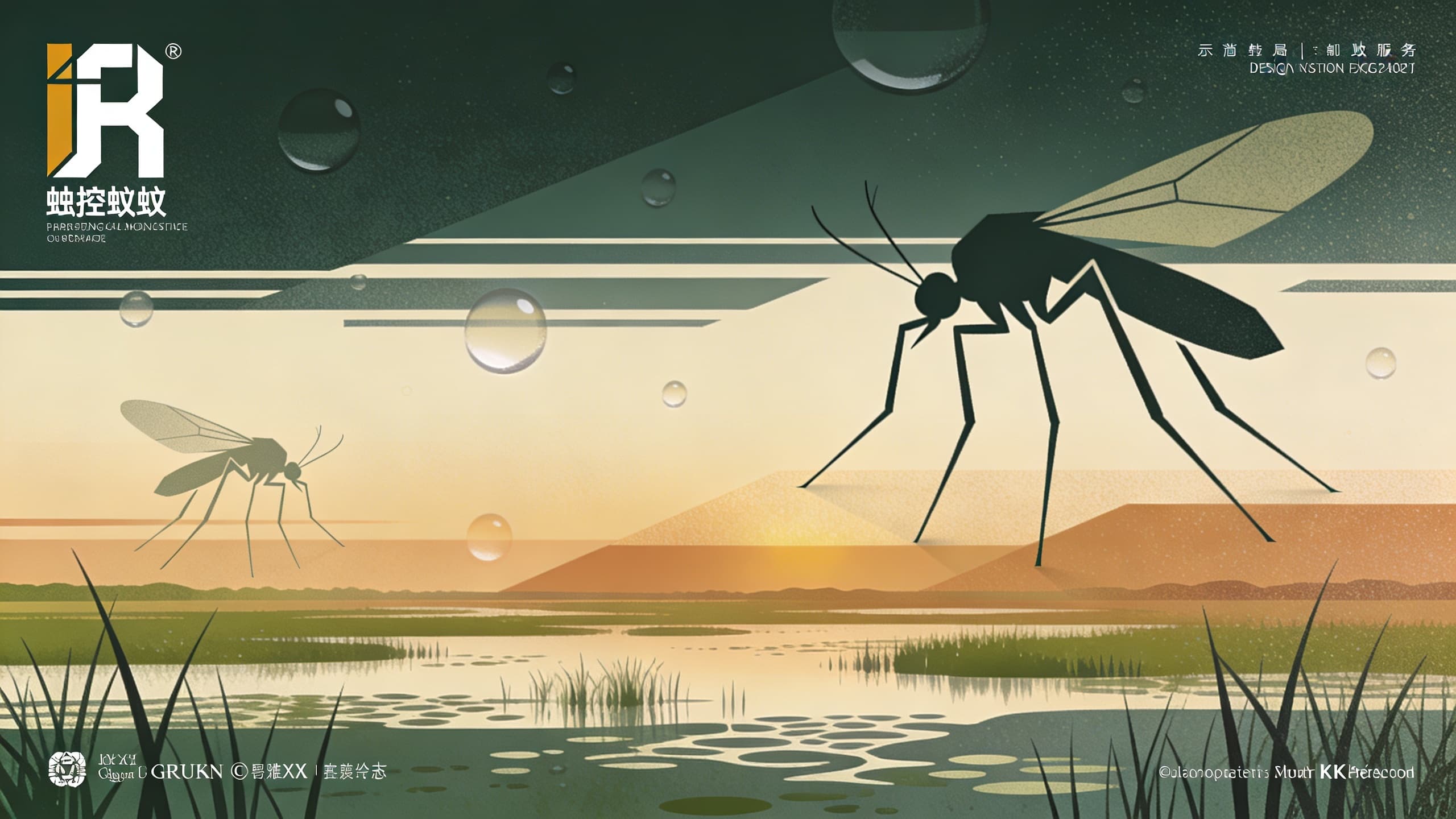 Abstract illustration of mosquito surveillance in Brazos County Texas with water droplets and marsh landscape