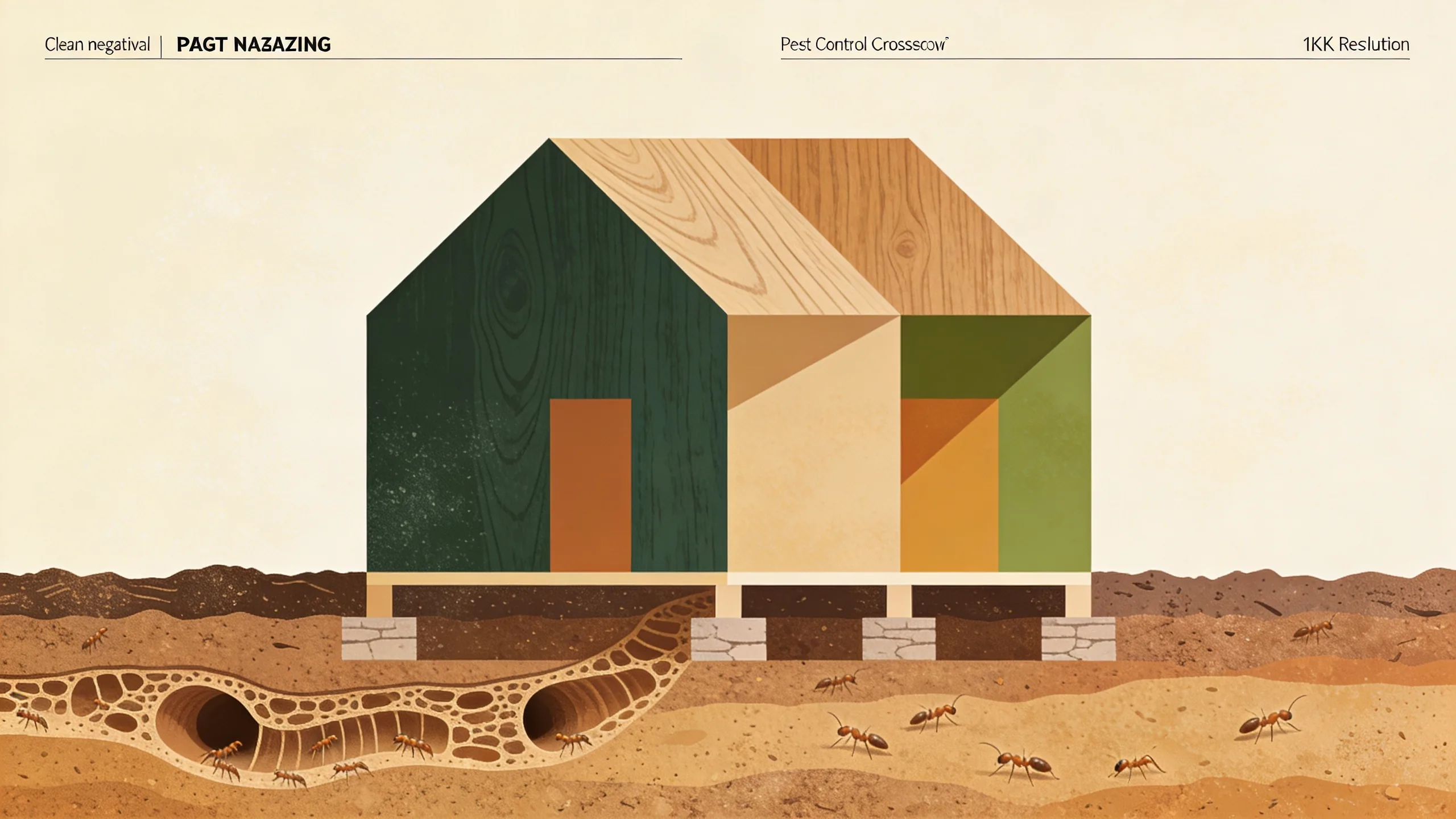 Abstract illustration of Formosan termite swarm with wood grain patterns and geometric house cross-section