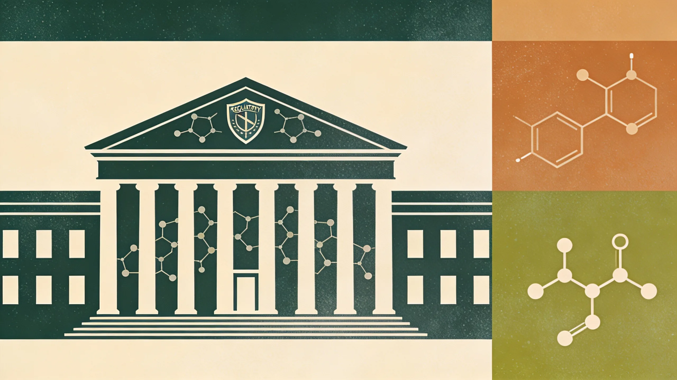 Abstract illustration of scientific advisory meeting with molecular structures and regulatory symbols
