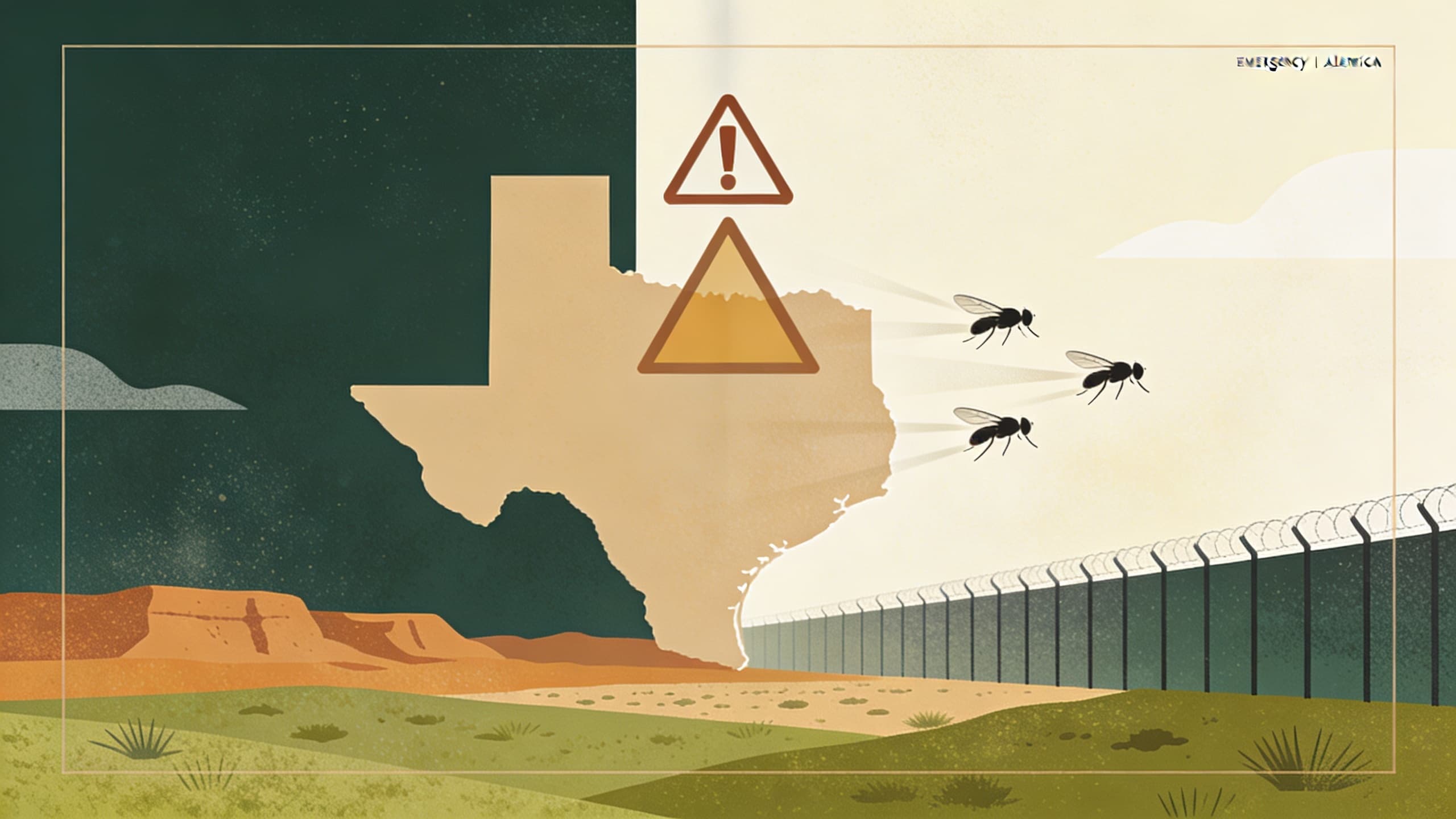Abstract illustration of emergency alert symbol over Texas-Mexico border region with sterile fly patterns
