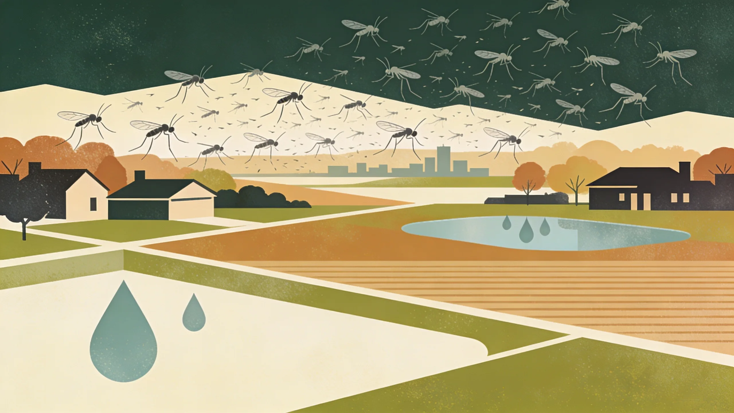 Abstract illustration of mosquito swarm over North Texas landscape with environmental change indicators
