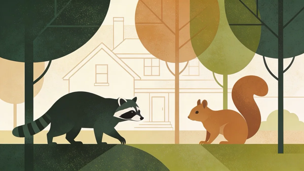 Abstract illustration of wildlife urban interface with geometric trees and house silhouettes