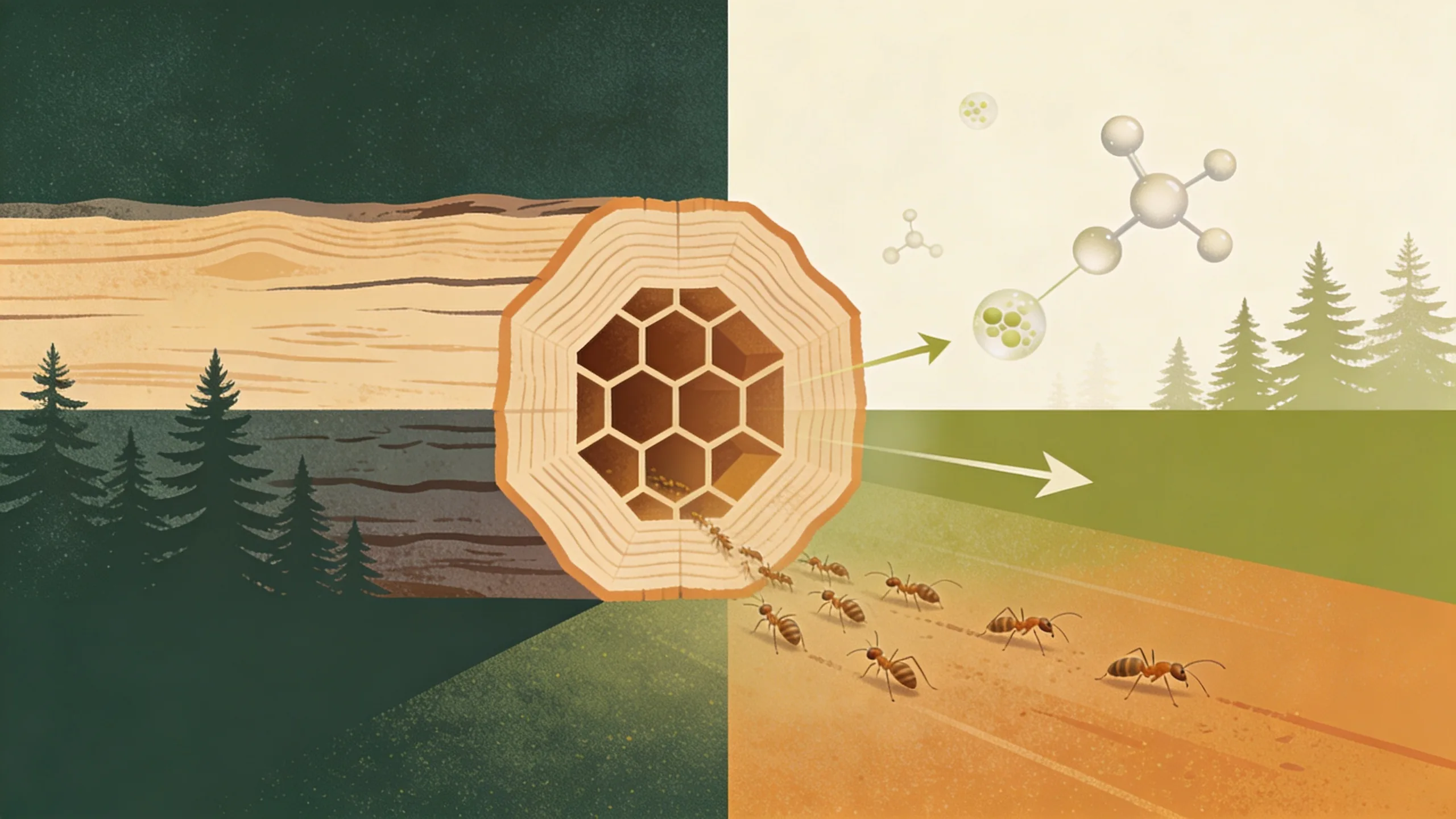 Abstract illustration of termites attracted to treated wood with forest compound molecules