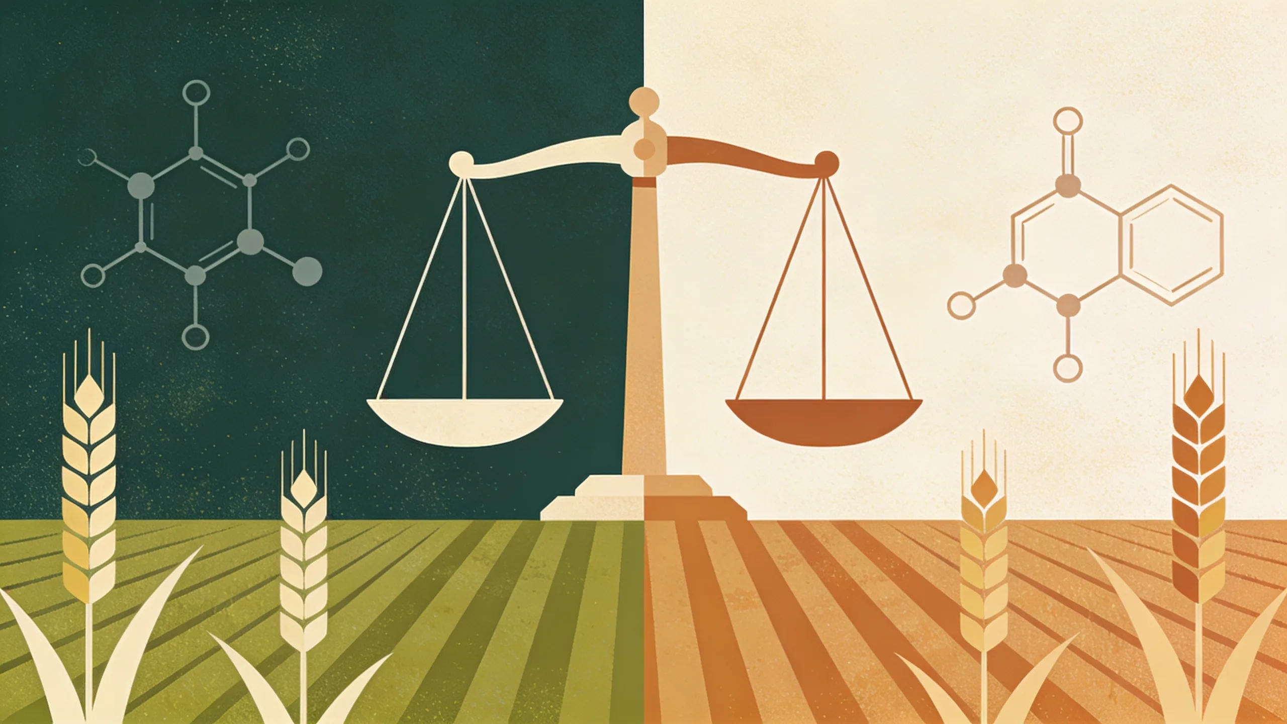 Abstract illustration of scales of justice with molecular structures and agricultural fields in muted earth tones