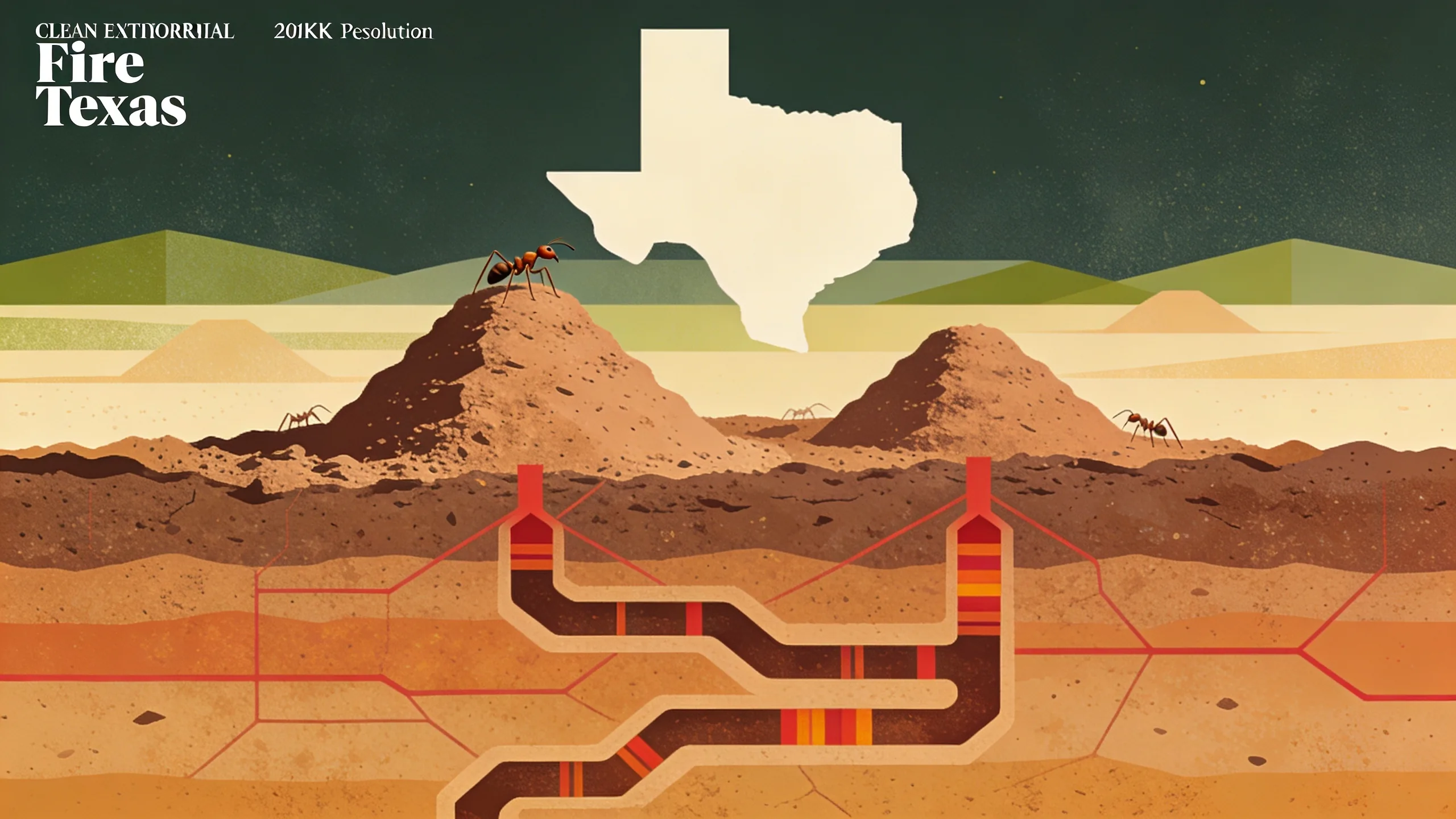 Abstract illustration of fire ant mounds in Texas soil with geometric patterns and earthy color palette
