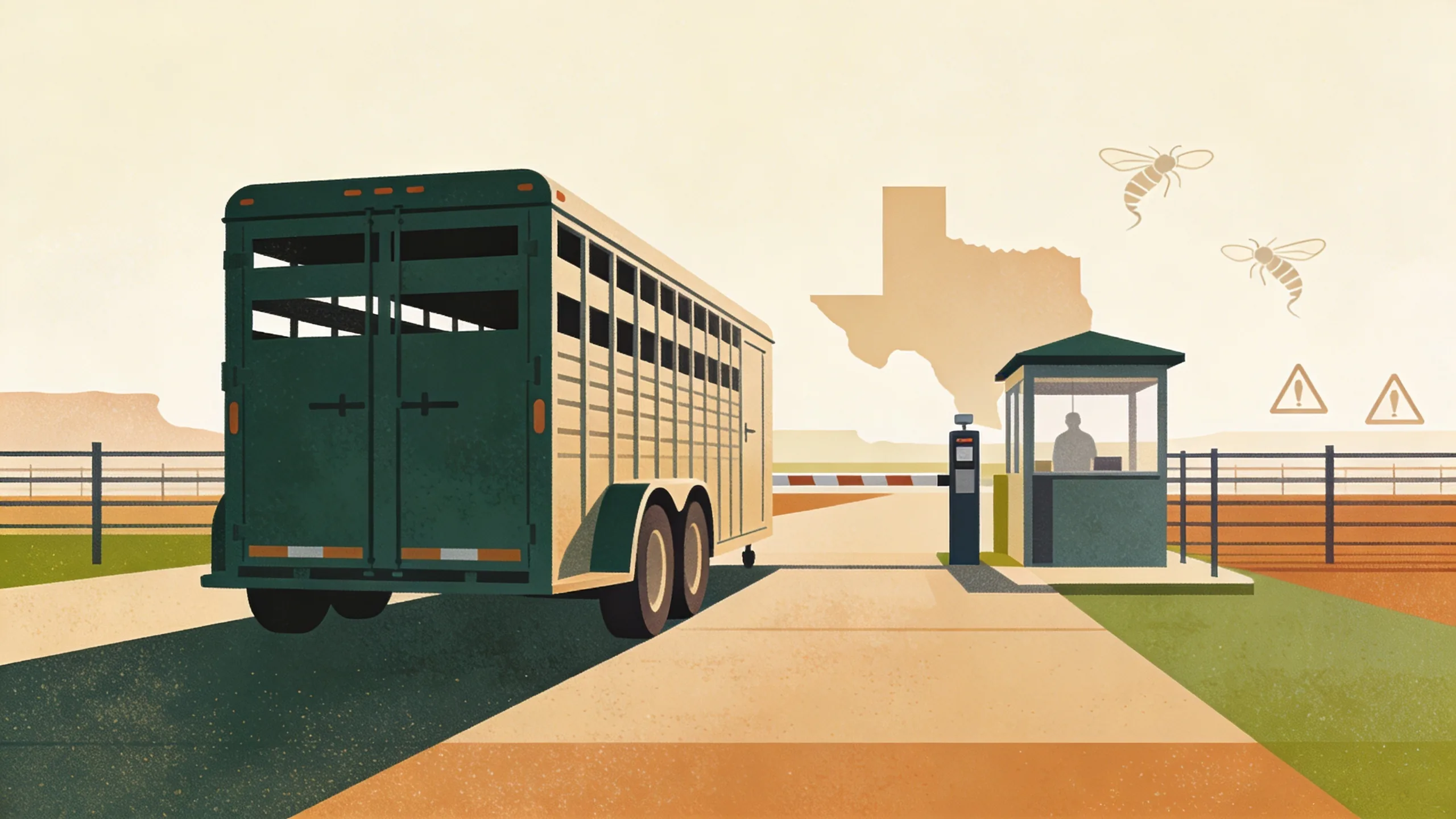 Veterinary inspection station with livestock trailer at state border crossing