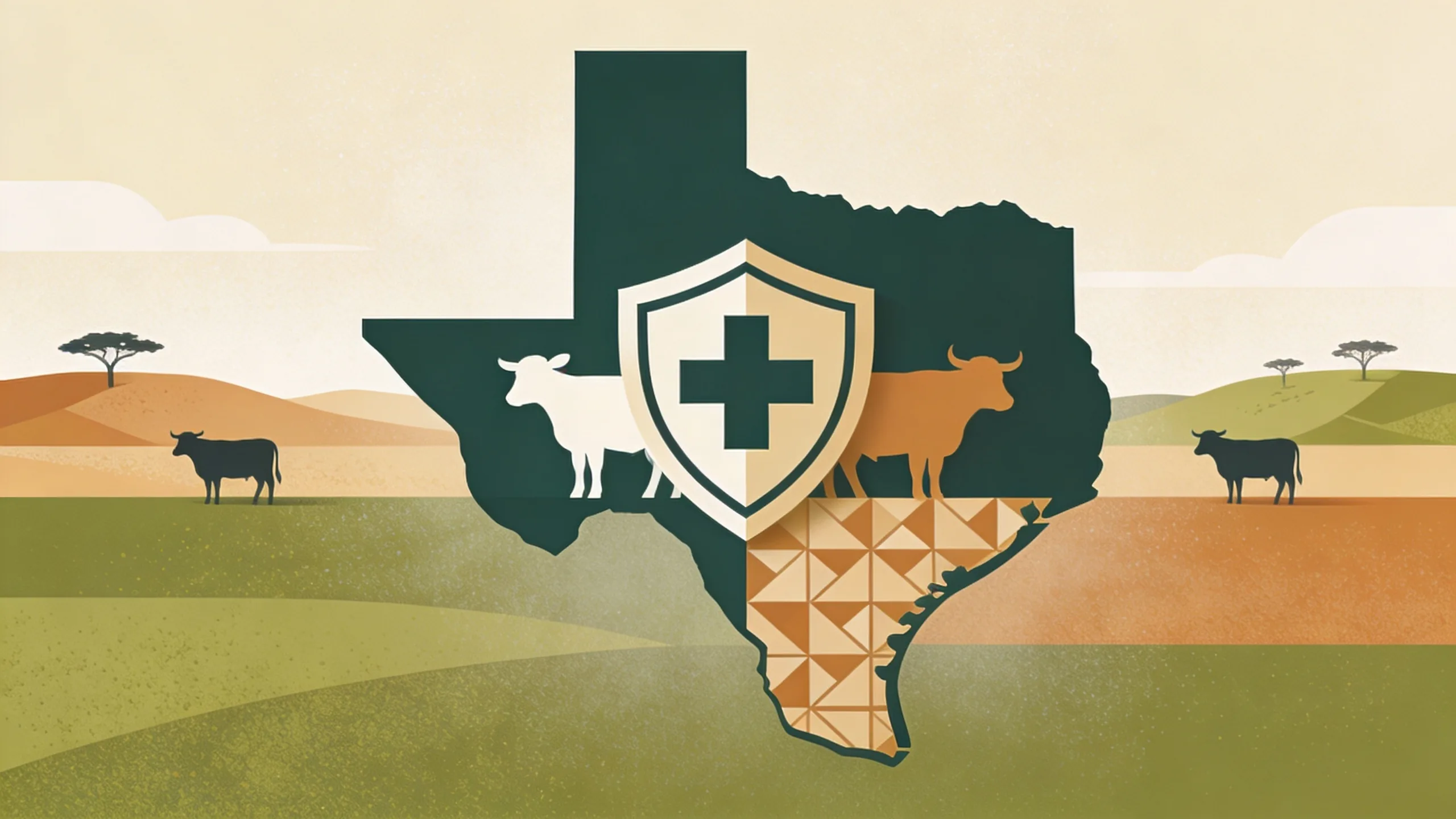 Abstract illustration of livestock protection with shield icon and geometric patterns representing veterinary defense against parasites