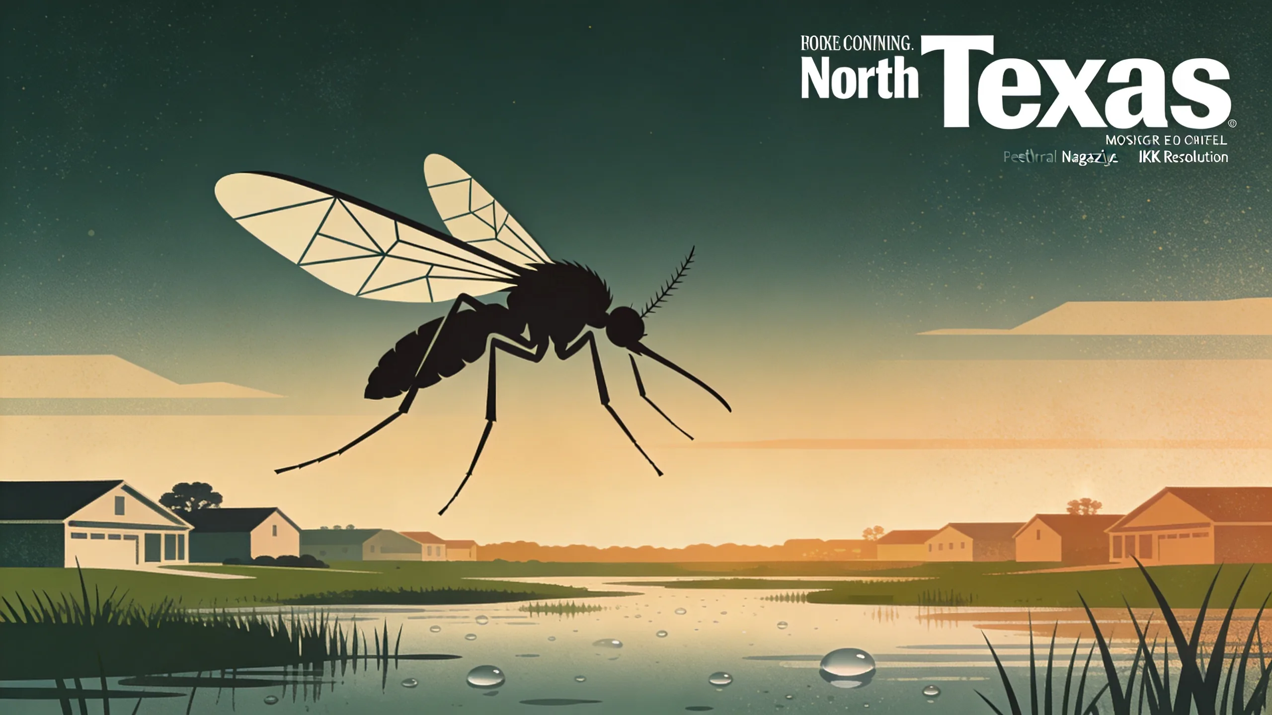 Abstract illustration of mosquito silhouette over North Texas landscape with water droplets and geometric patterns