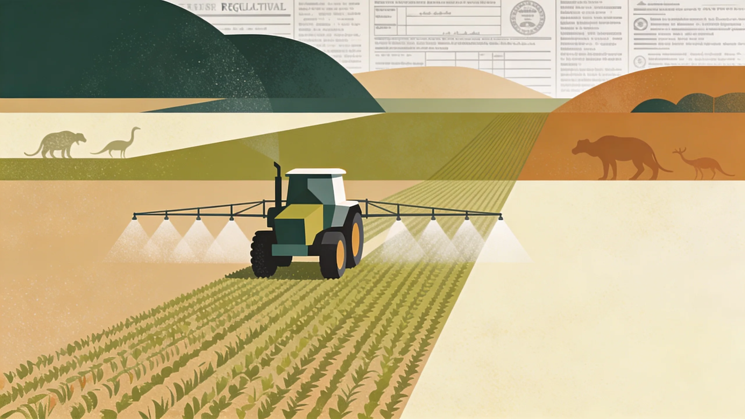 A tractor spraying crops in a field, representing agricultural fungicide application and EPA regulatory oversight