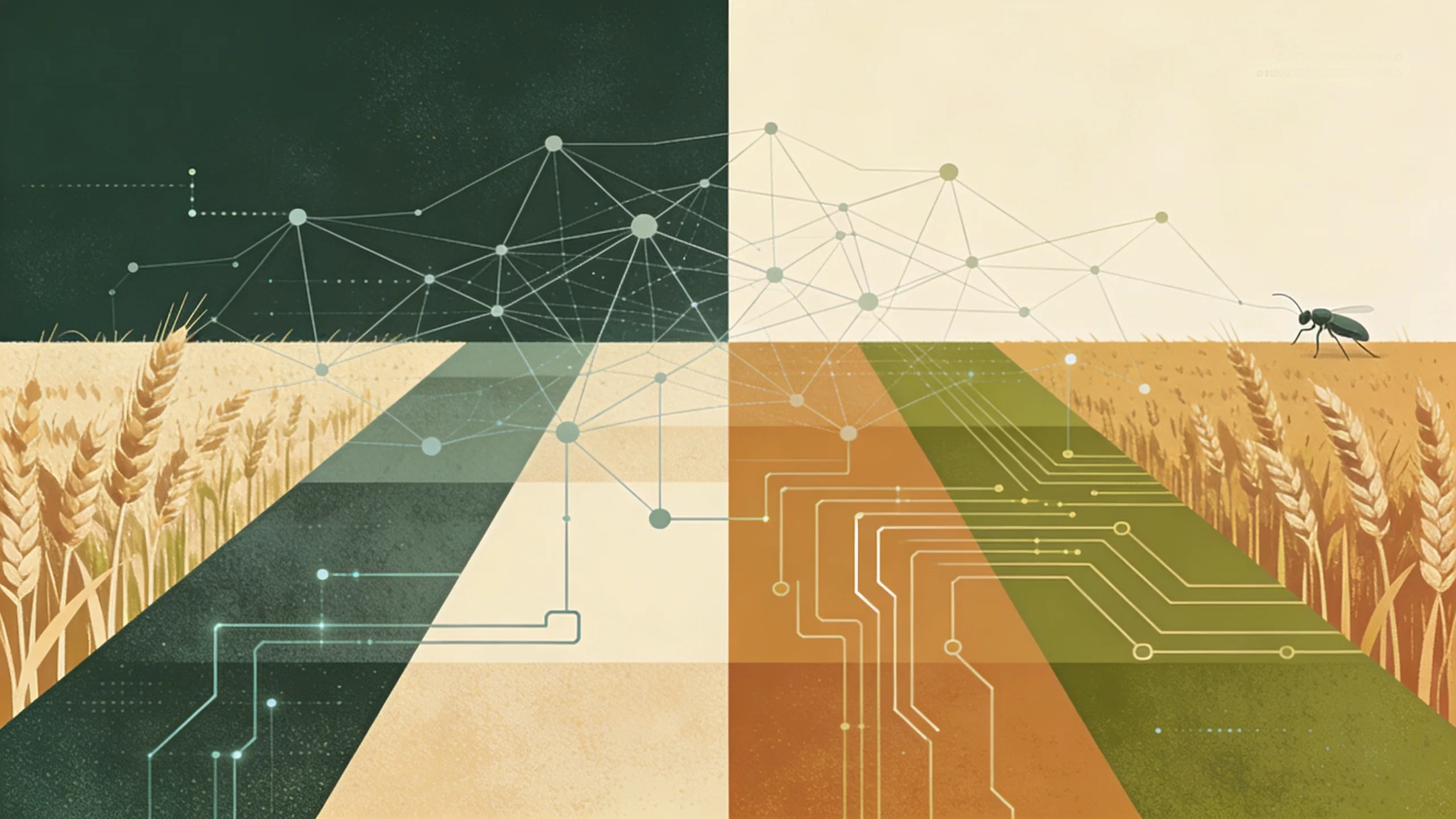 Abstract visualization of AI neural network patterns overlaid with agricultural crop rows in muted earth tones