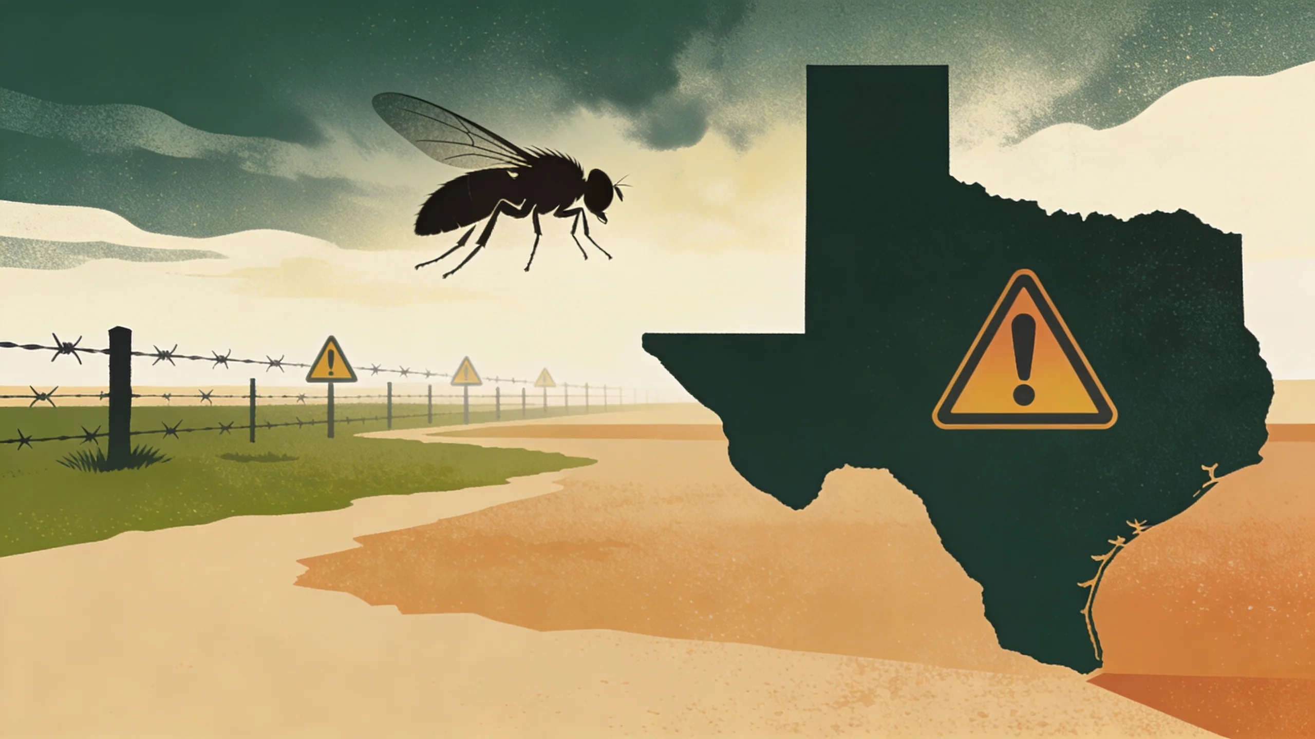 Abstract illustration of a parasitic fly silhouette against a Texas border landscape with warning signals