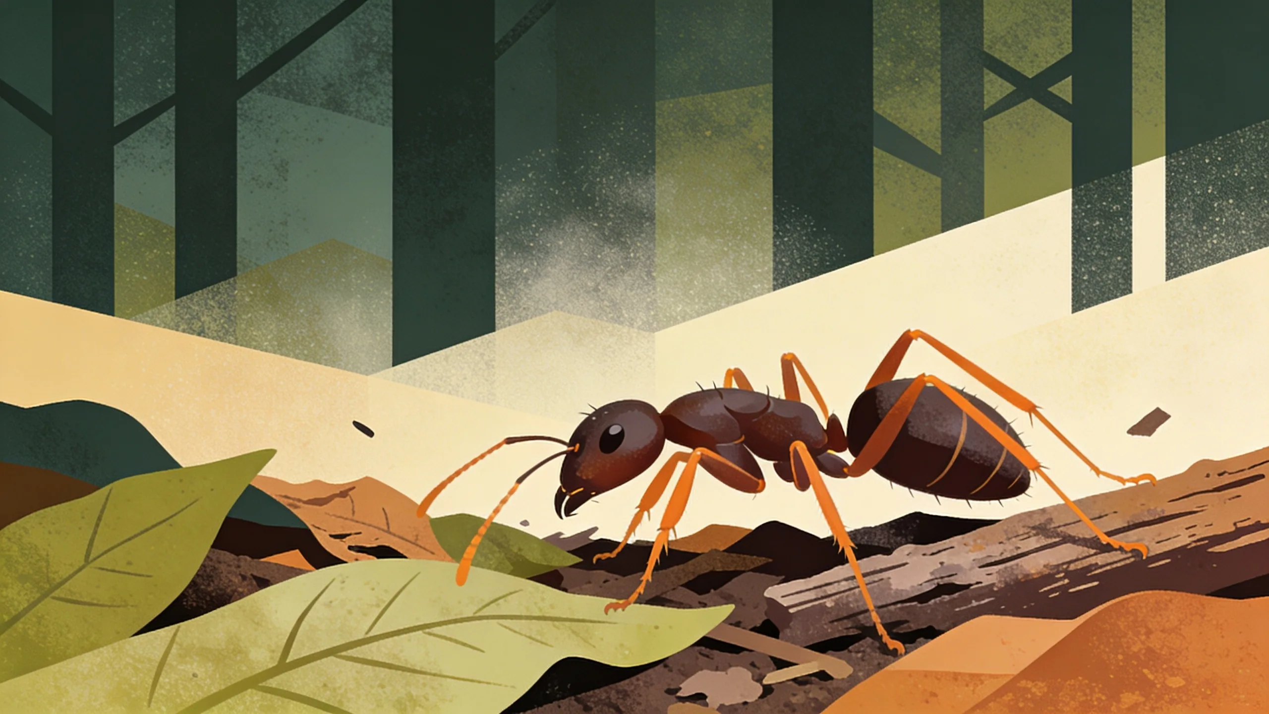 Dark forest illustration showing an Asian needle ant in leaf litter with muted earth tones